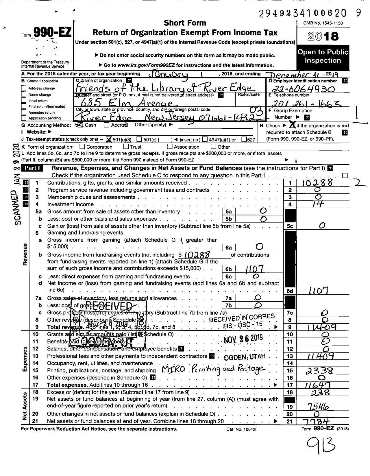 Image of first page of 2019 Form 990EZ for Friends of the Library of River Edge