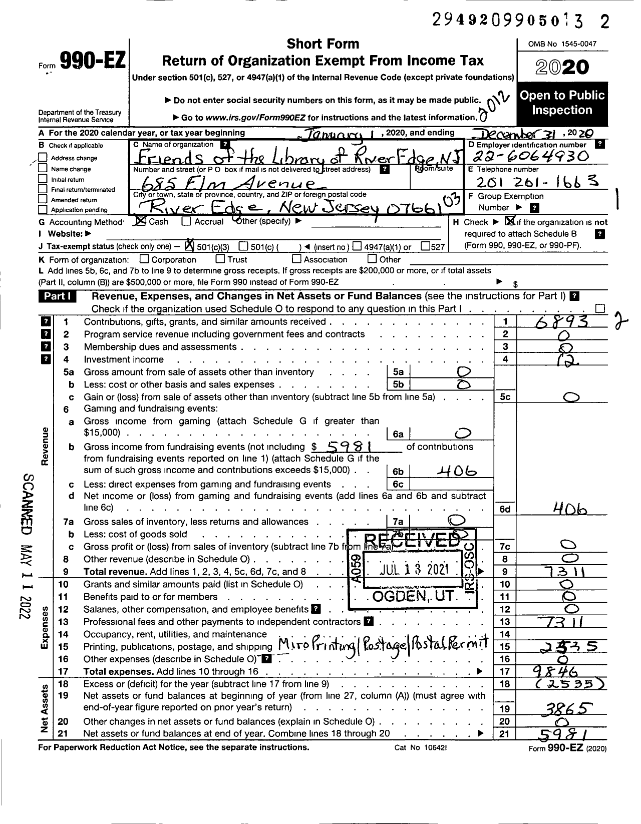 Image of first page of 2020 Form 990EZ for Friends of the Library of River Edge