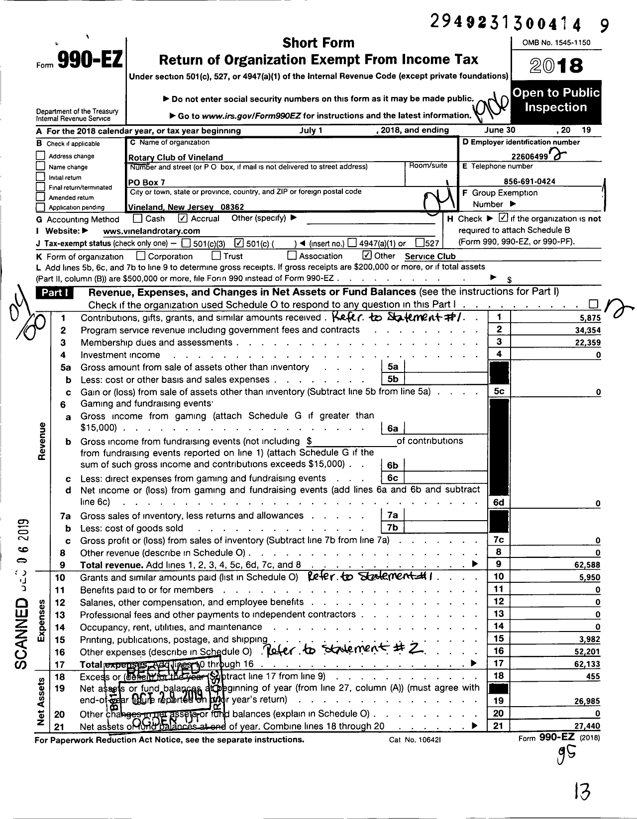 Image of first page of 2018 Form 990EO for Rotary International - Vineland Rotary Club