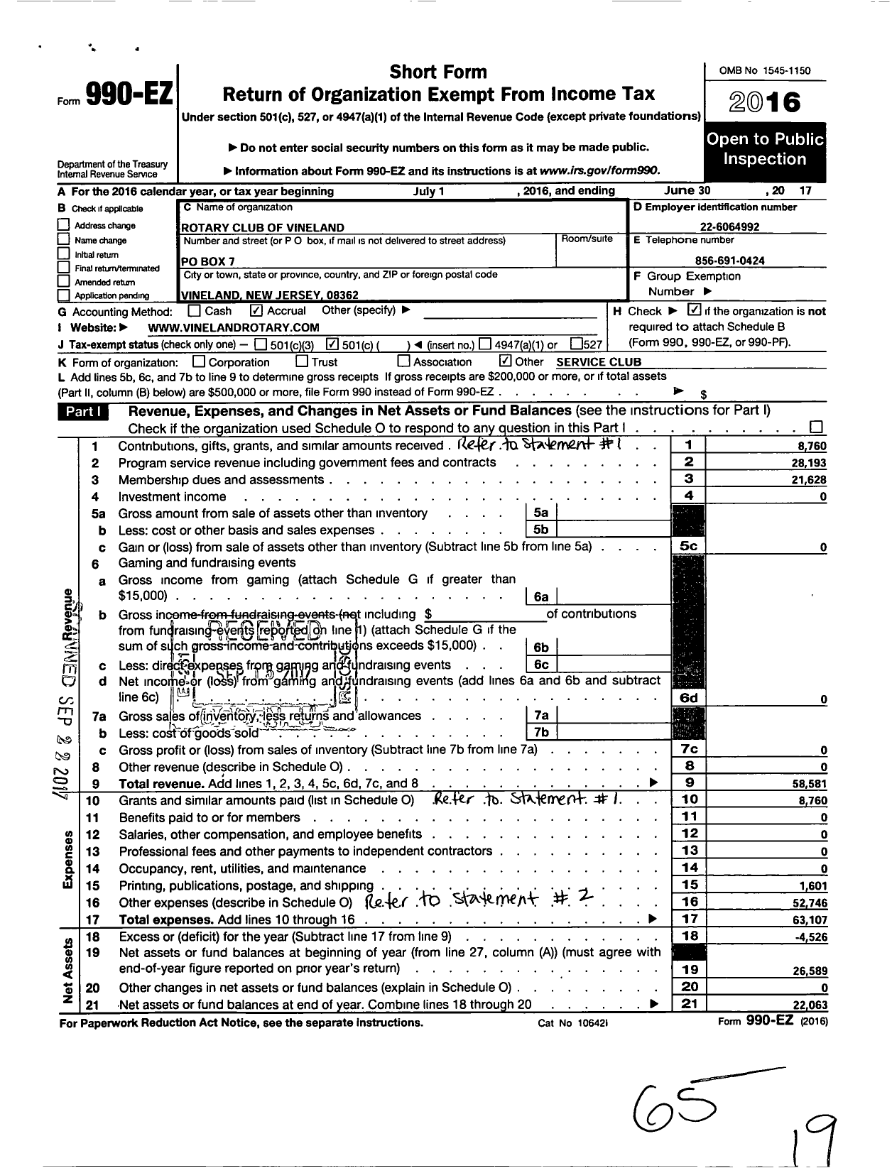 Image of first page of 2016 Form 990EO for Rotary International - Vineland Rotary Club