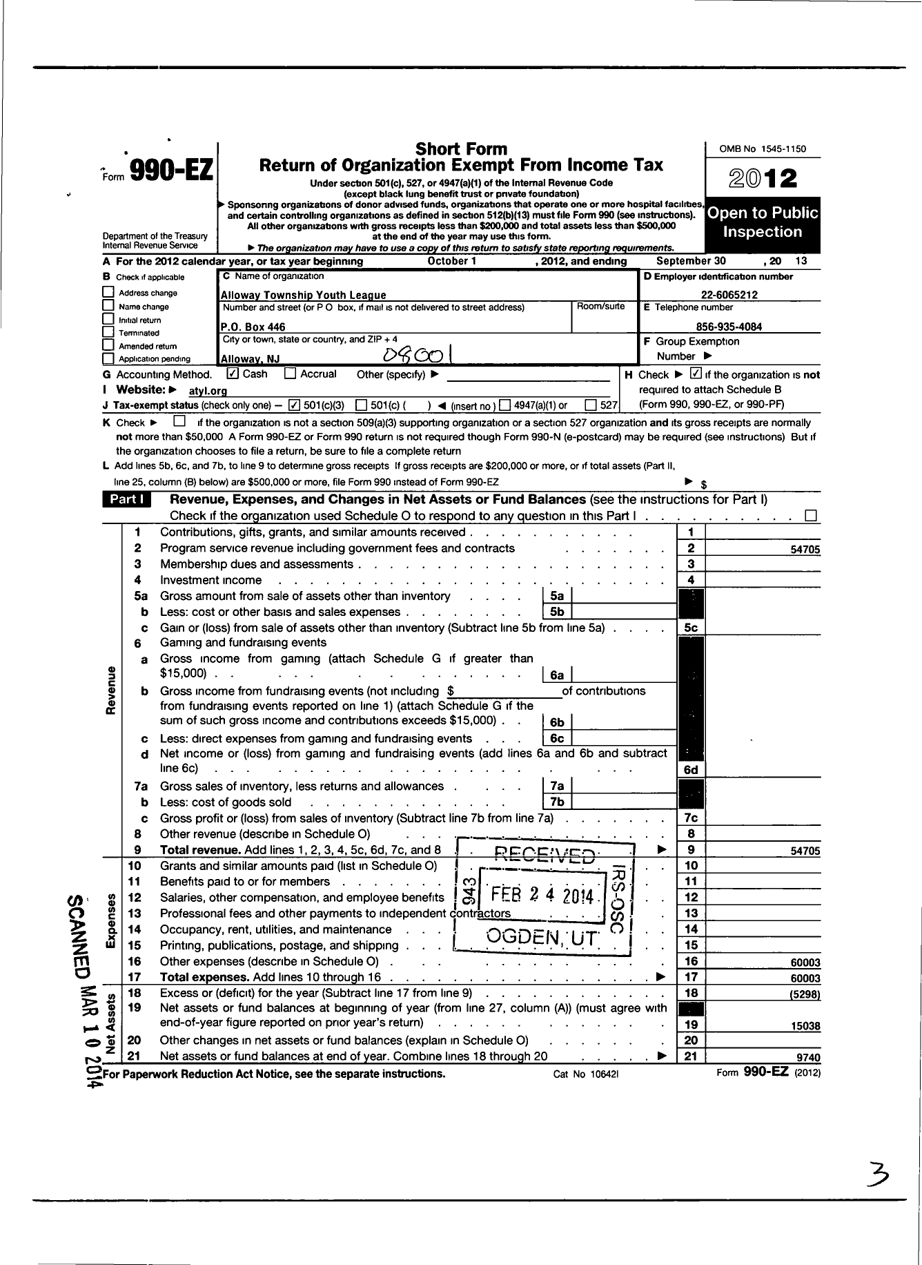 Image of first page of 2012 Form 990EZ for Alloway Township Youth League