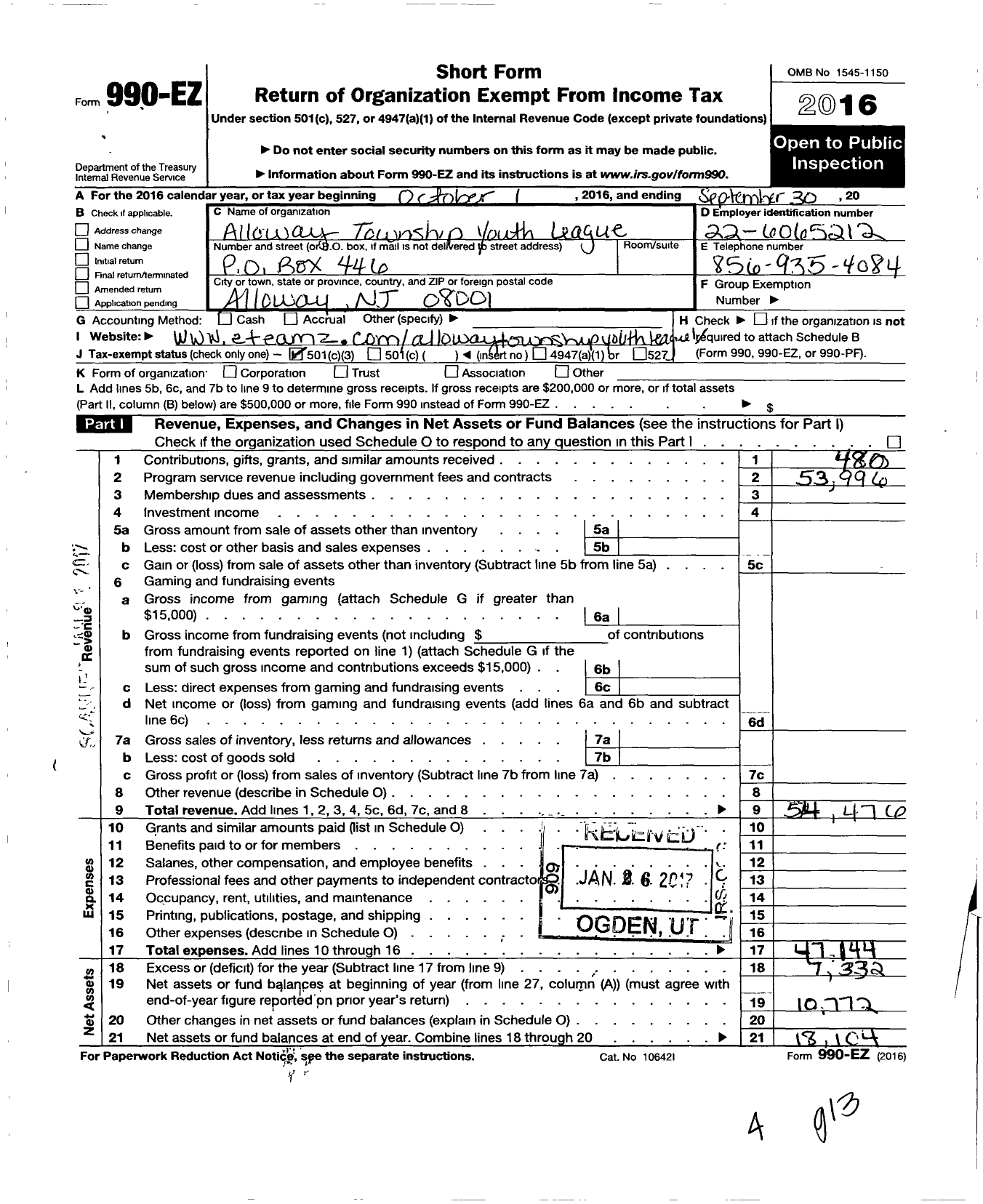 Image of first page of 2015 Form 990EZ for Alloway Township Youth League