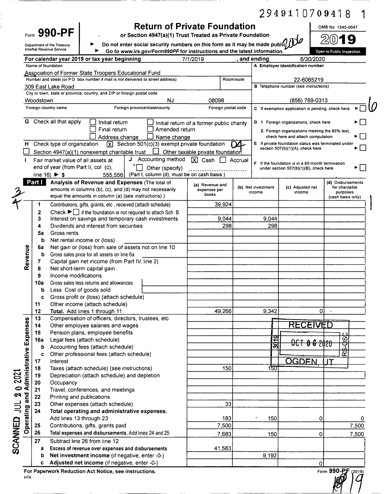 Image of first page of 2019 Form 990PF for Association of Former State Troopers Educational Fund