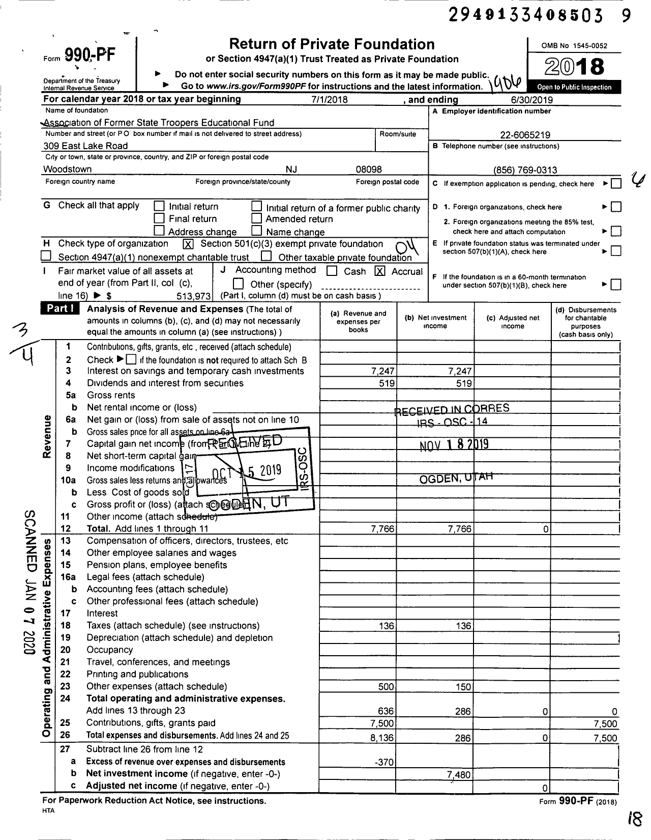 Image of first page of 2018 Form 990PF for Association of Former State Troopers Educational Fund