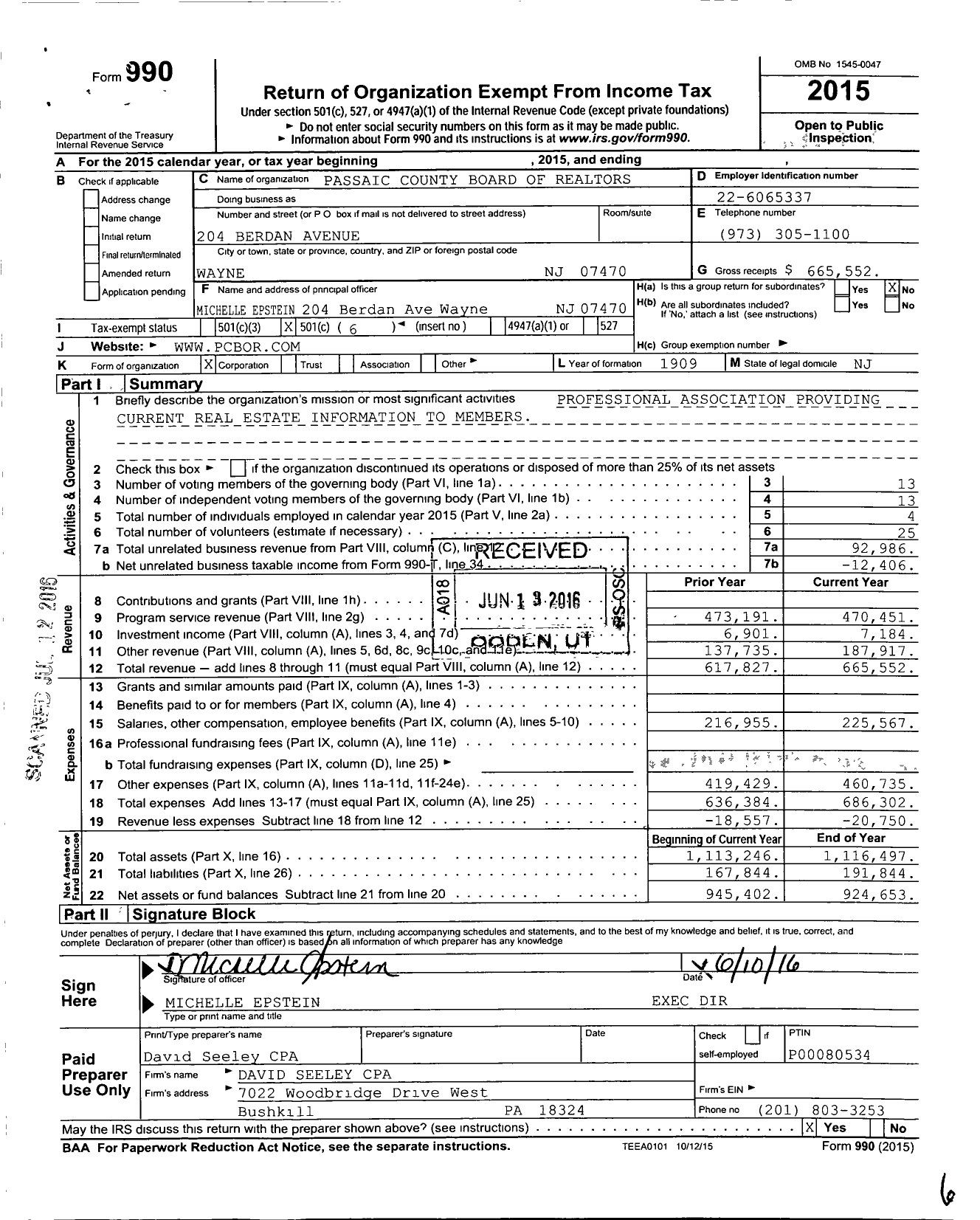 Image of first page of 2015 Form 990O for Passaic County Board of Realtors