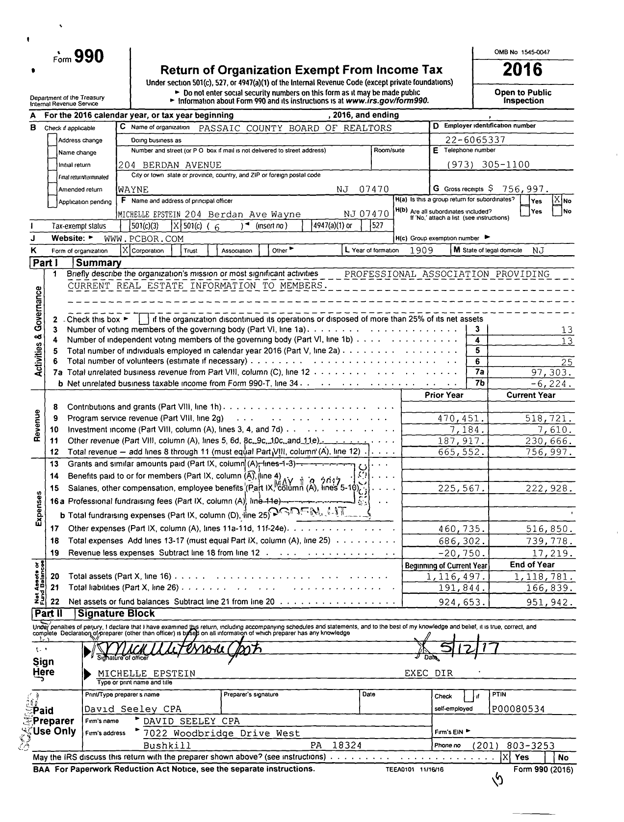 Image of first page of 2016 Form 990O for Passaic County Board of Realtors