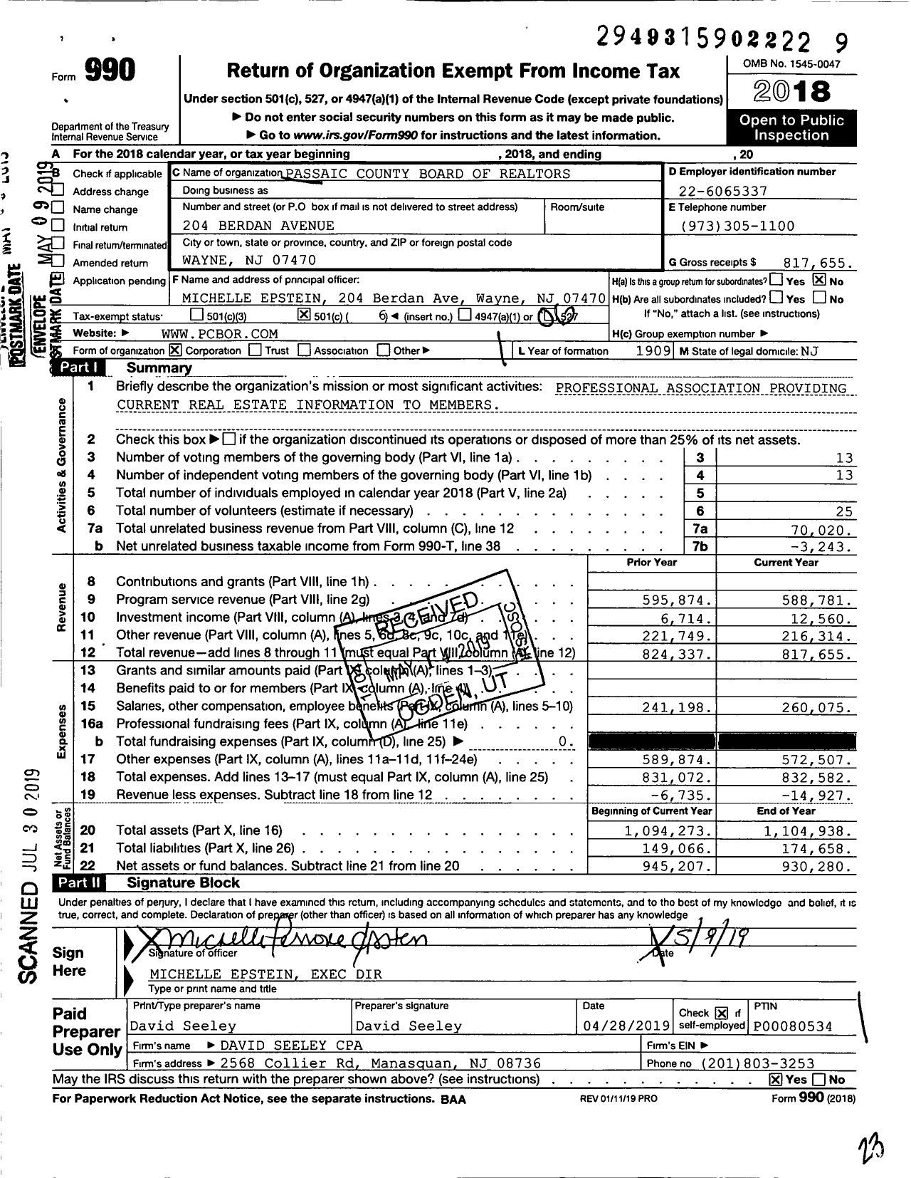 Image of first page of 2018 Form 990O for Passaic County Board of Realtors