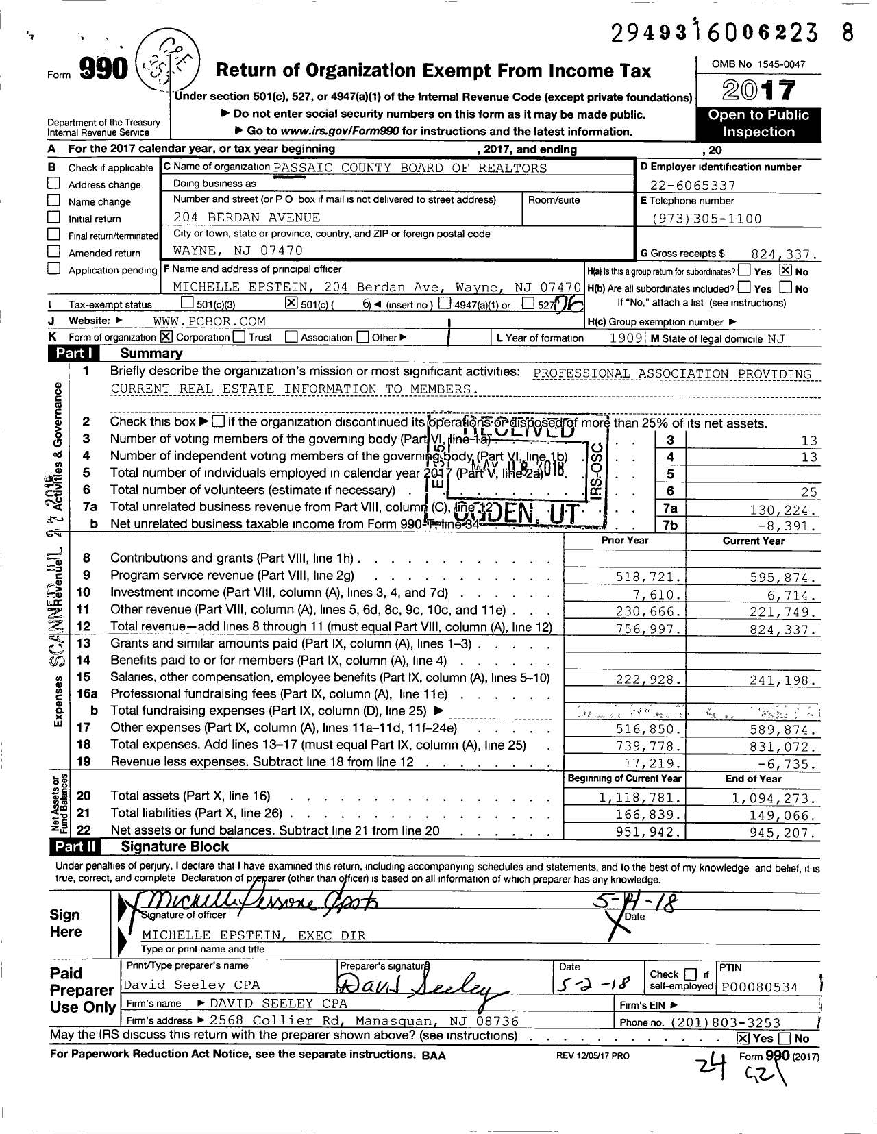 Image of first page of 2017 Form 990O for Passaic County Board of Realtors