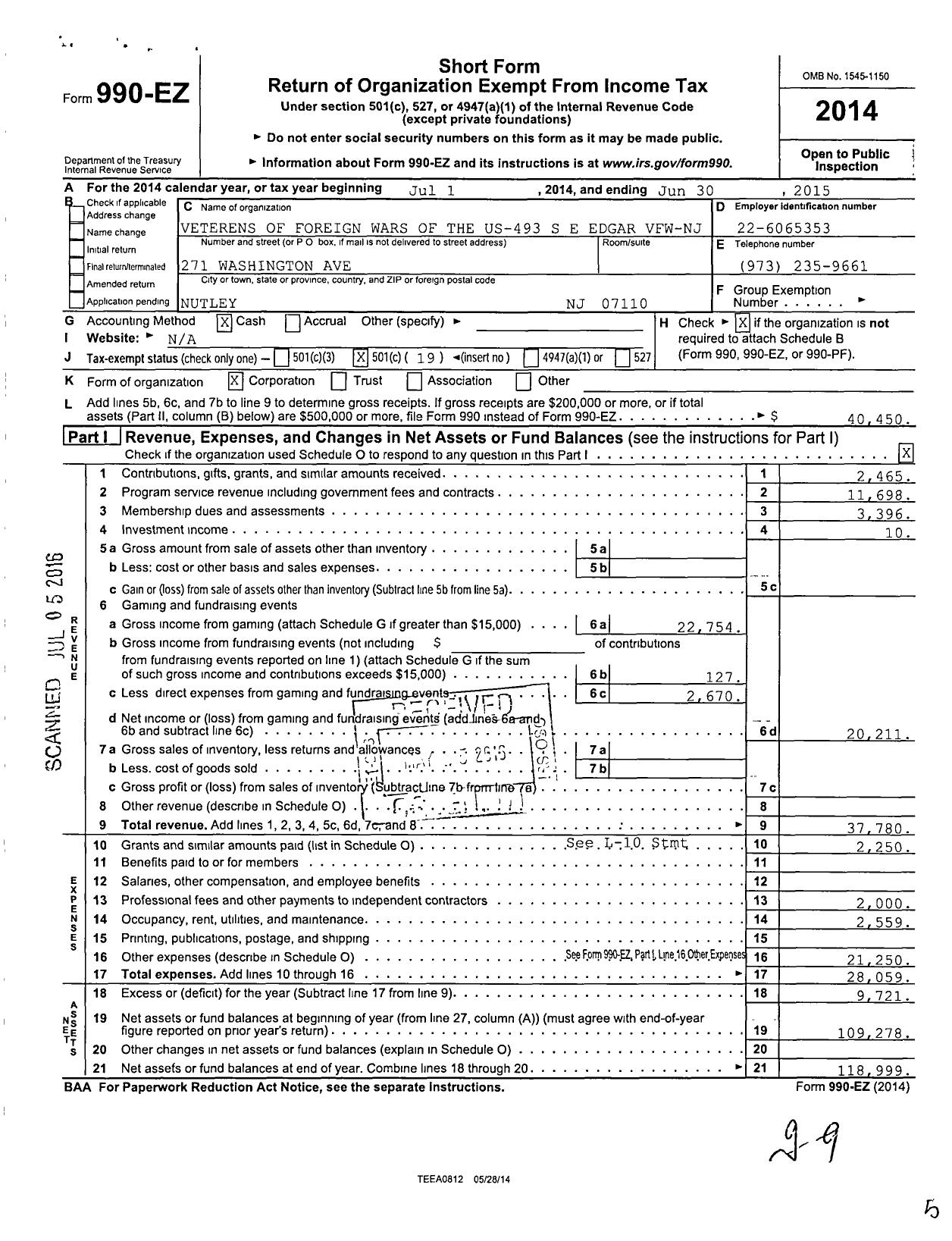 Image of first page of 2014 Form 990EO for Department of New Jersey VFW - 493 Stuart E Edgar VFW-NJ