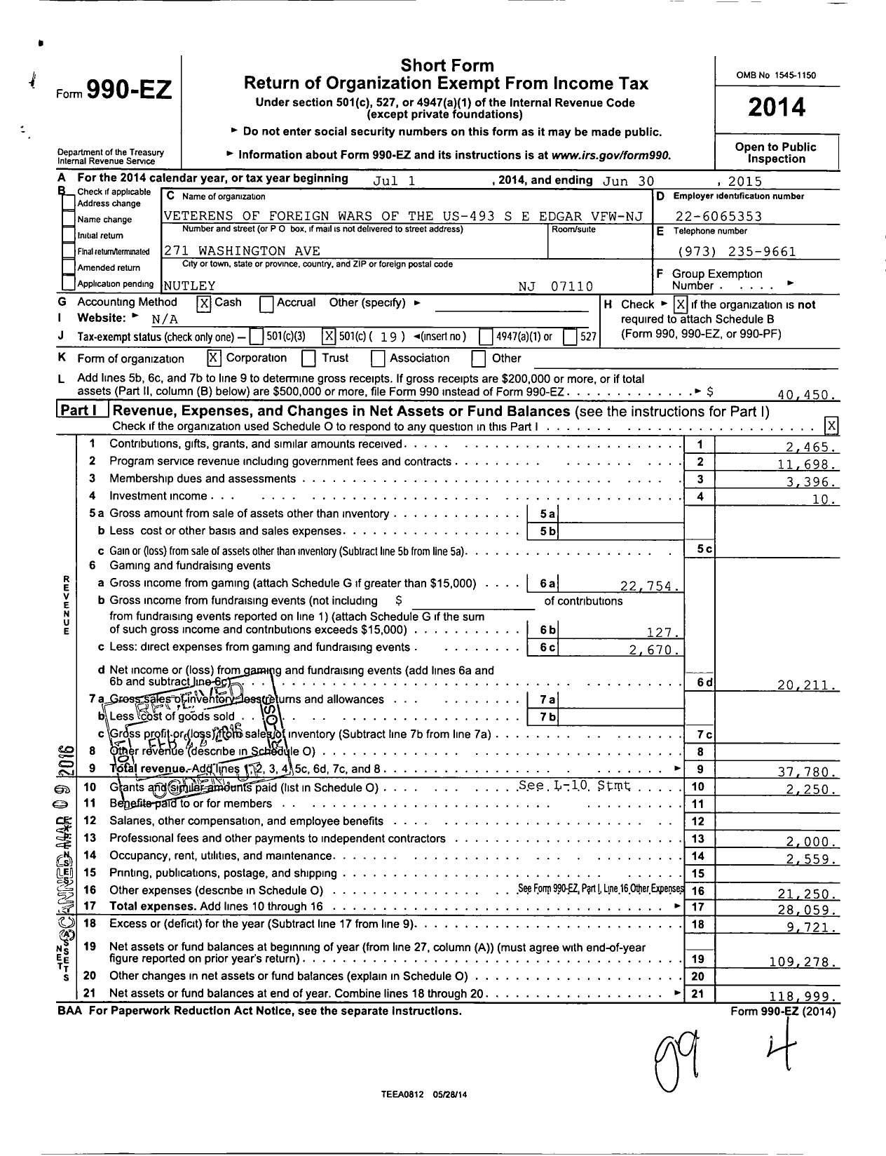 Image of first page of 2014 Form 990EO for Department of New Jersey VFW - 493 Stuart E Edgar VFW-NJ