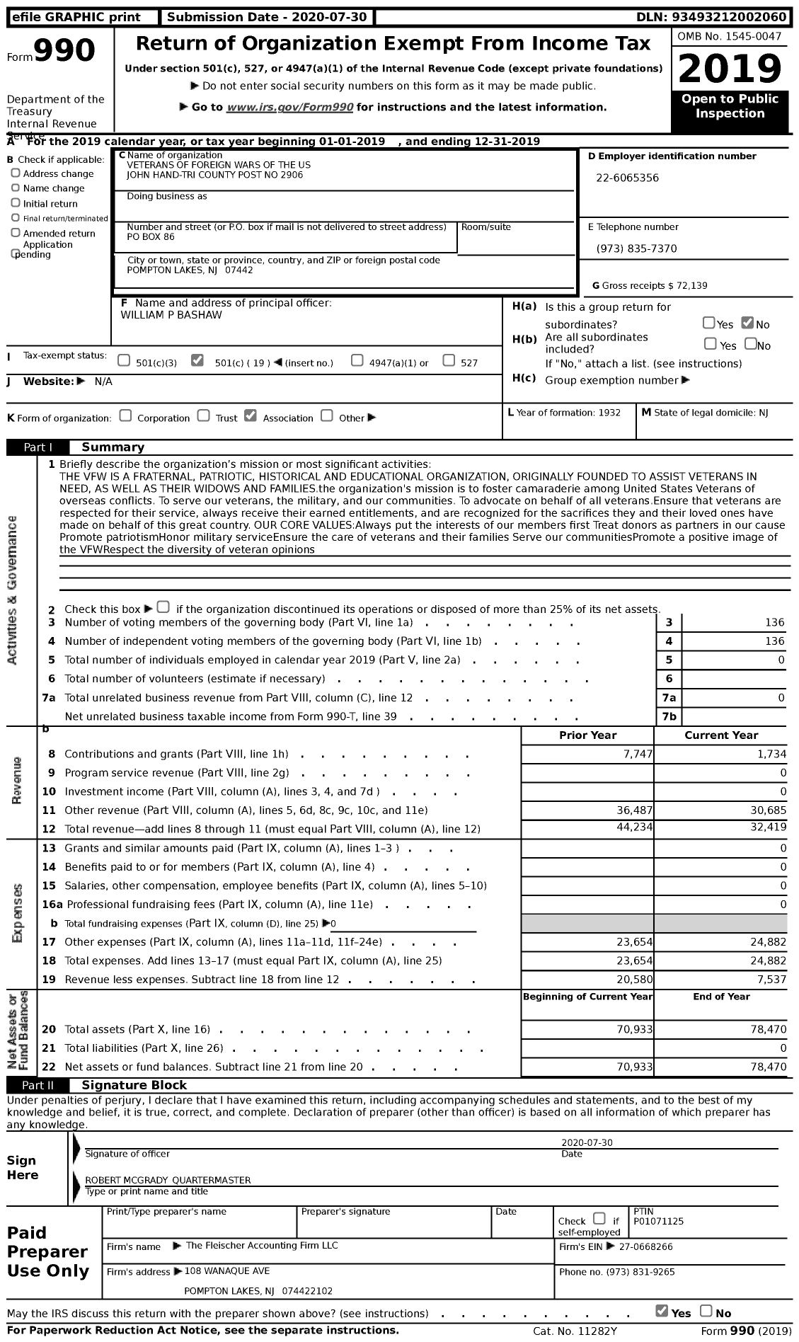 Image of first page of 2019 Form 990 for Department of New Jersey VFW - 2906 John Hand Tri County Post