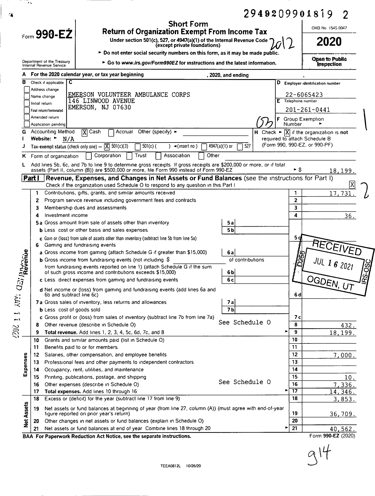 Image of first page of 2020 Form 990EZ for Emerson Volunteer Ambulance Corps