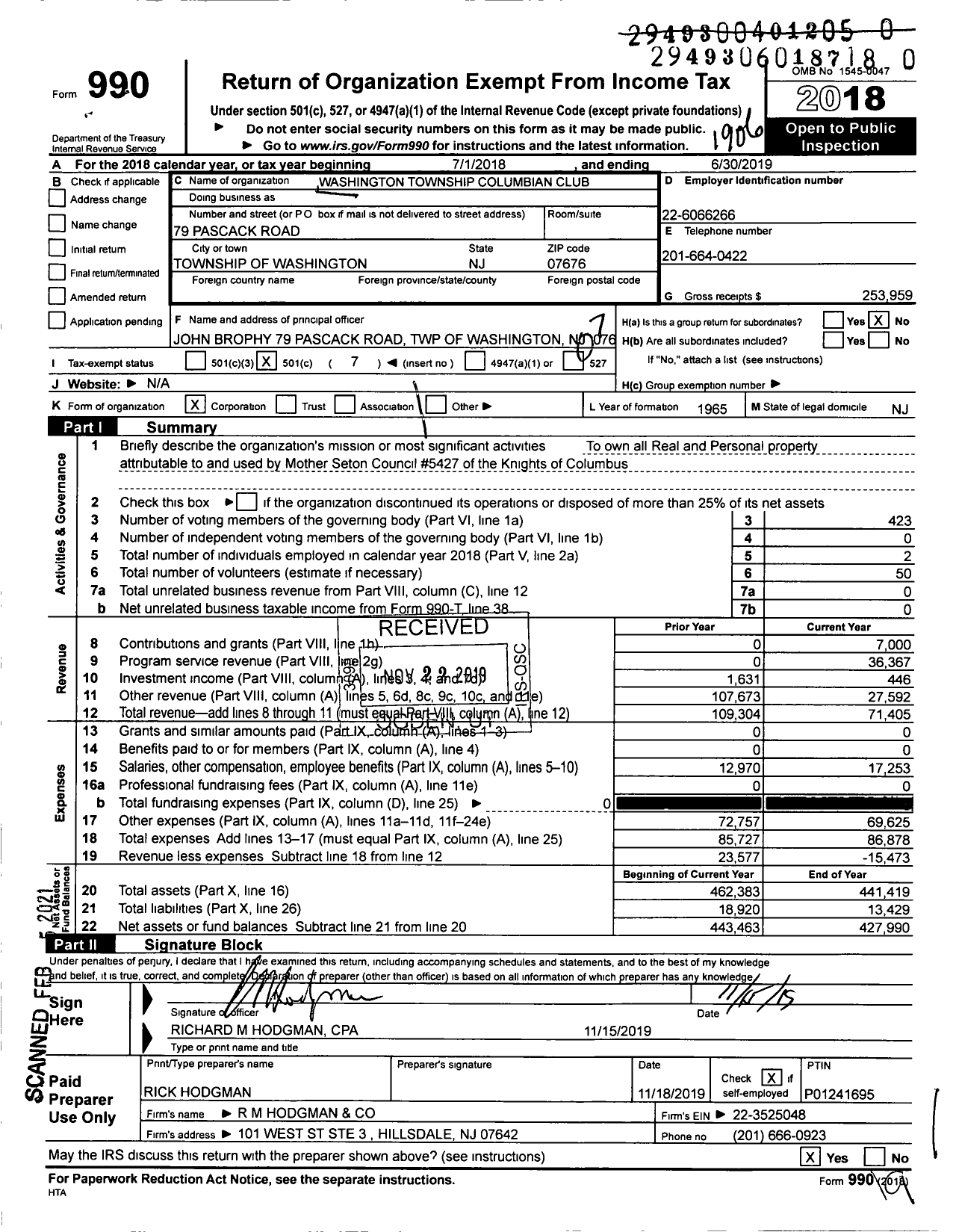 Image of first page of 2018 Form 990O for Washington Township Columbian Club