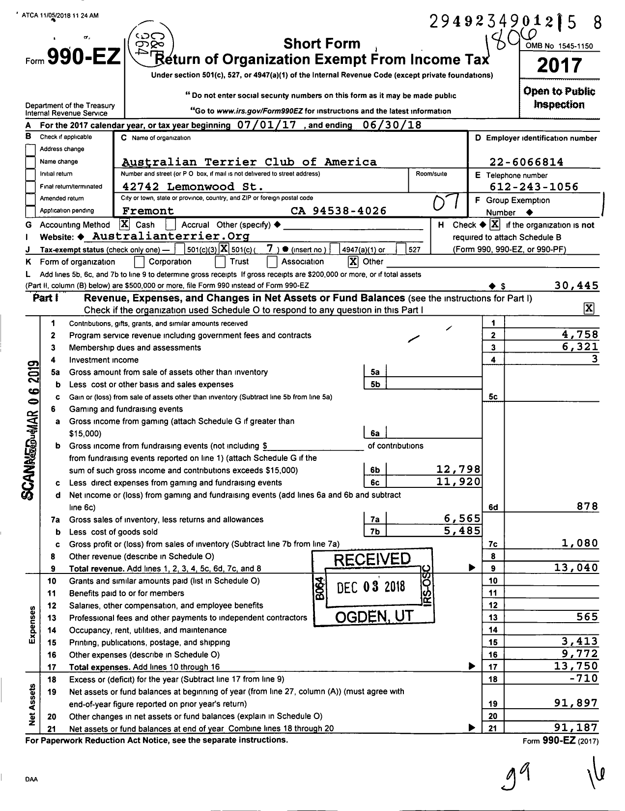 Image of first page of 2017 Form 990EO for Australian Terrier Club of America