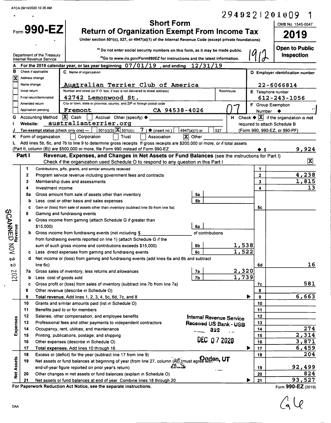 Image of first page of 2019 Form 990EO for Australian Terrier Club of America