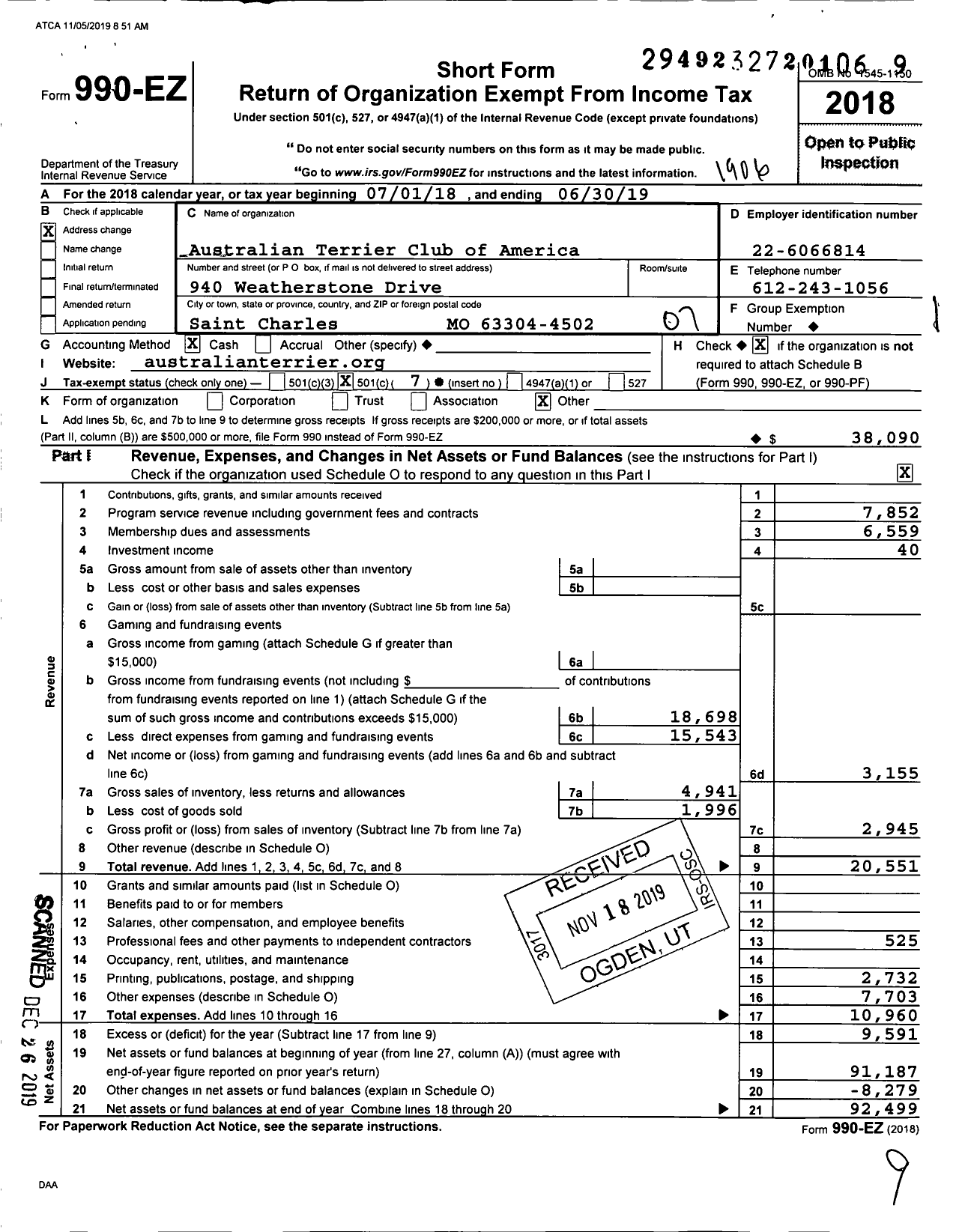 Image of first page of 2018 Form 990EO for Australian Terrier Club of America