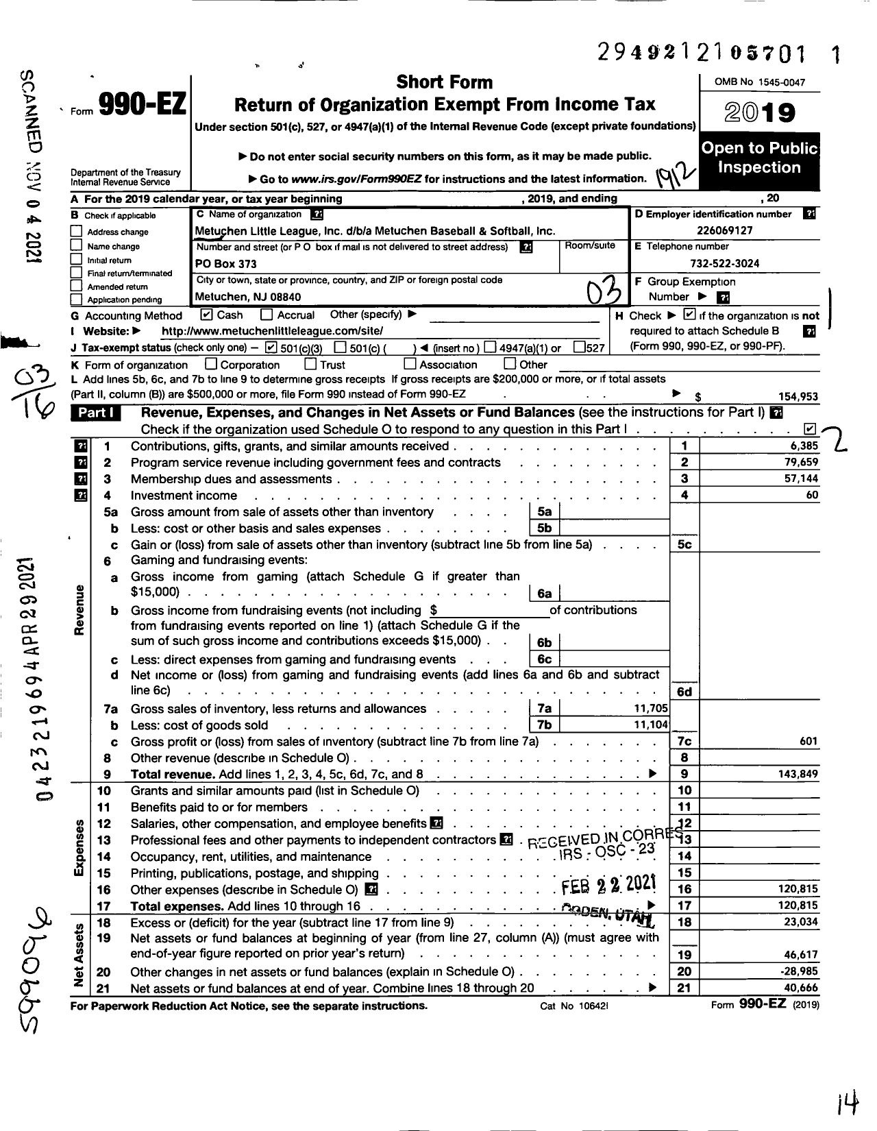 Image of first page of 2019 Form 990EZ for The Metuchen Little League