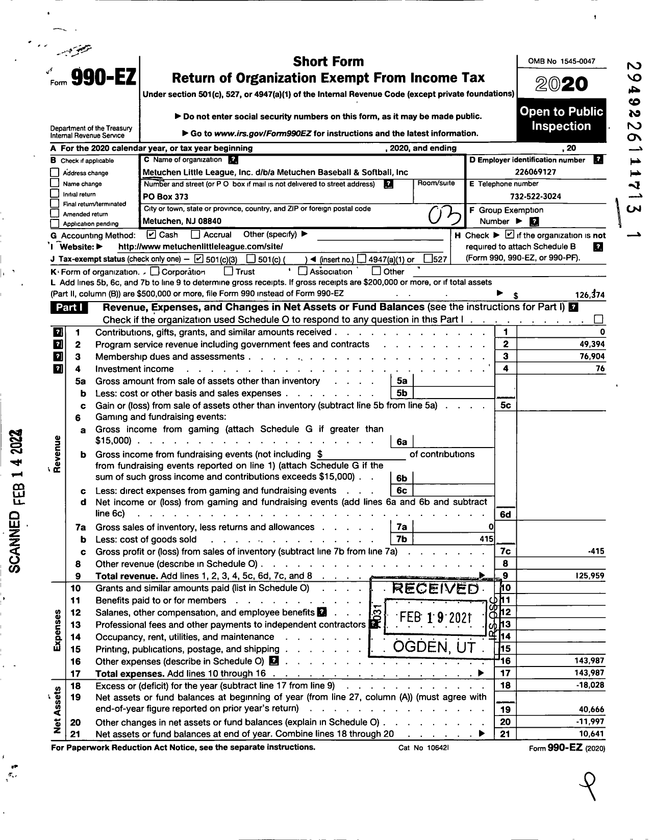 Image of first page of 2020 Form 990EZ for The Metuchen Little League