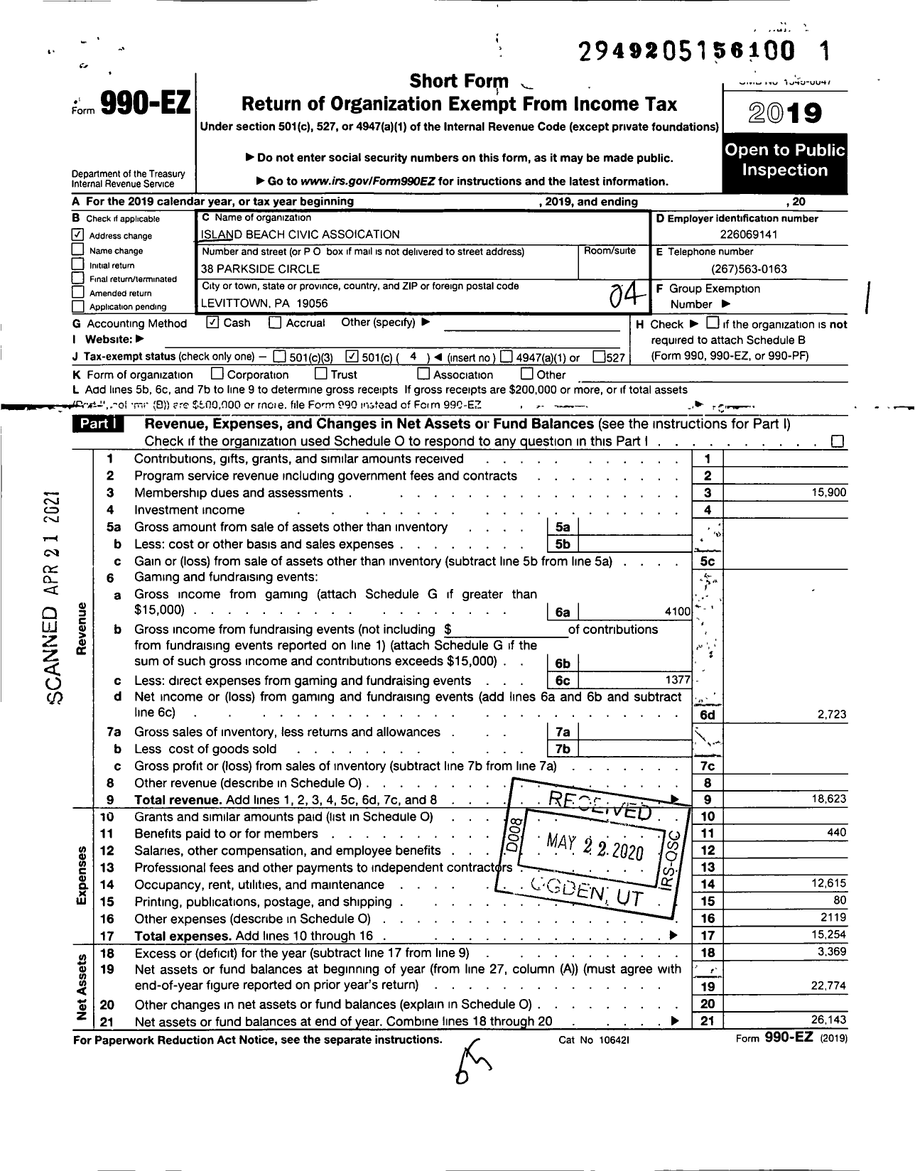 Image of first page of 2019 Form 990EO for Island Beach Civic Association