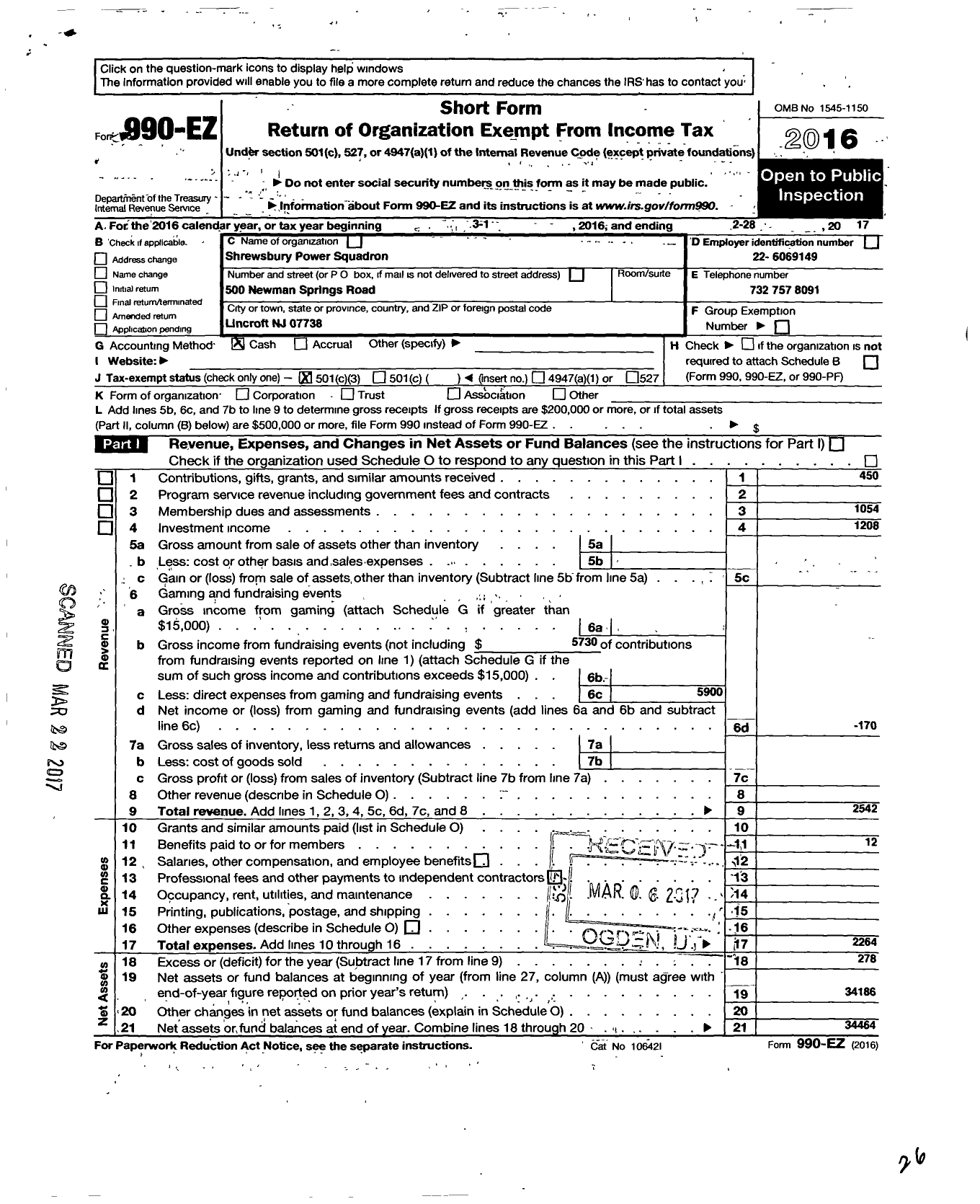 Image of first page of 2016 Form 990EZ for United States Power Squadrons - 4 Shrewsbury