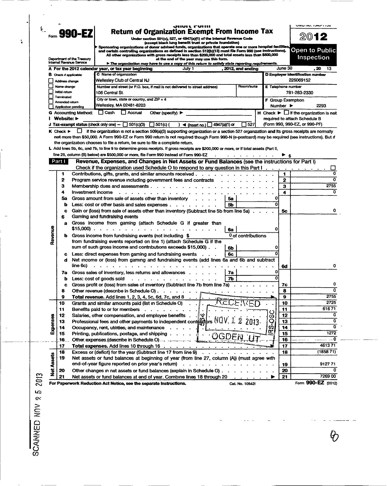 Image of first page of 2012 Form 990EO for Wellesley College Alumnae Association / Wellesley Club Central New Jersey