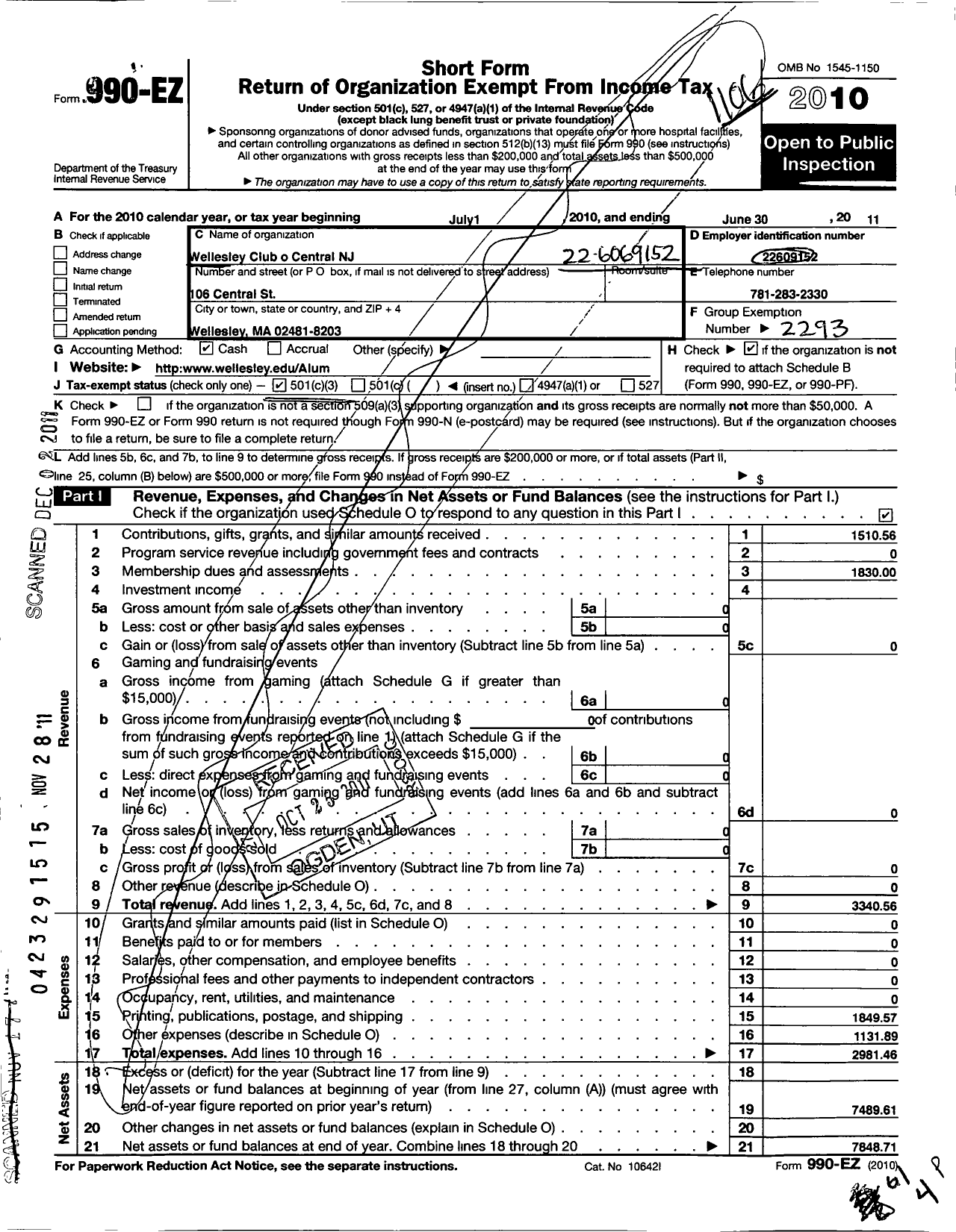 Image of first page of 2010 Form 990EZ for Wellesley College Alumnae Association / Wellesley Club Central New Jersey