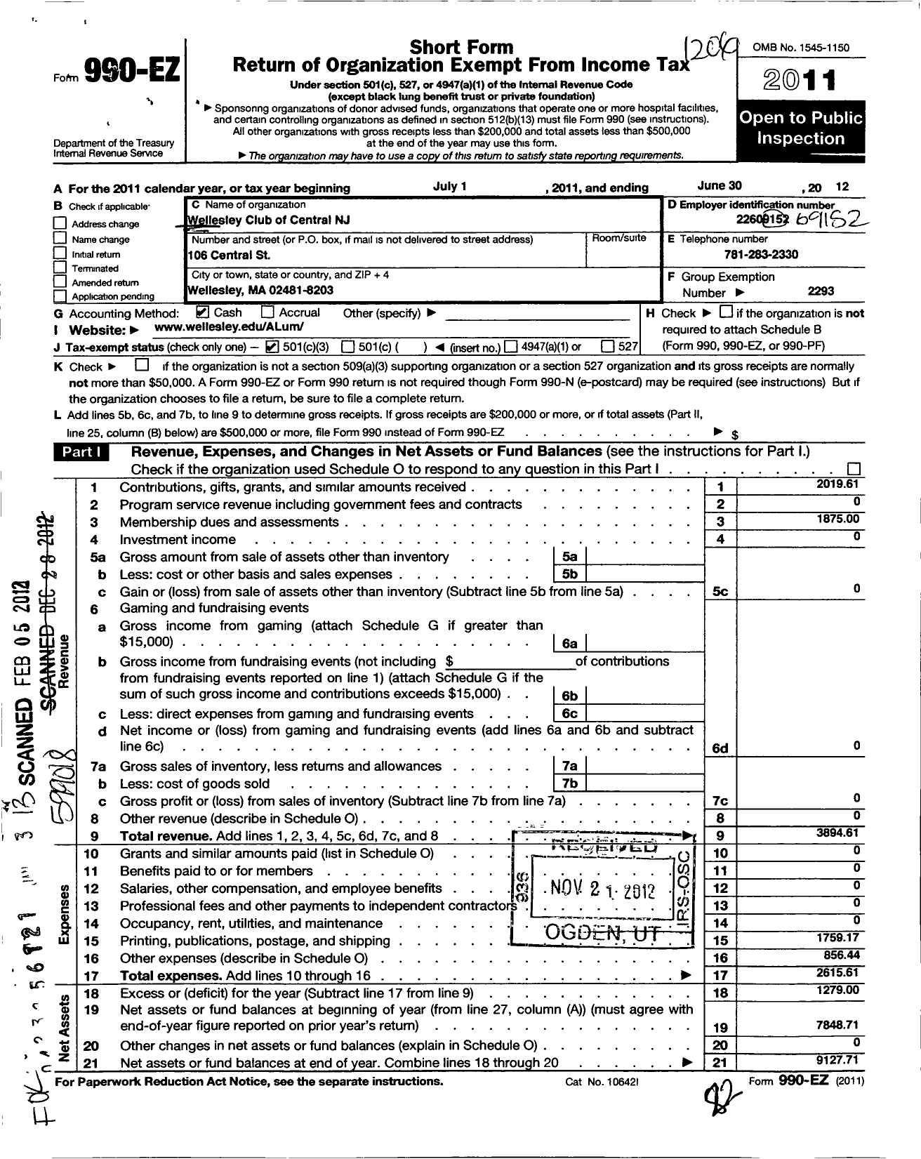 Image of first page of 2011 Form 990EZ for Wellesley College Alumnae Association / Wellesley Club Central New Jersey