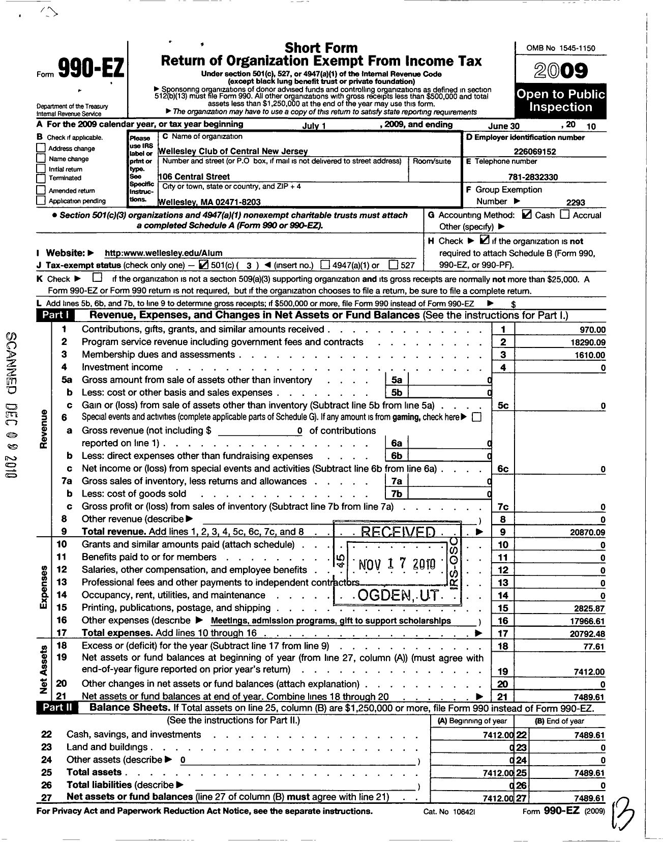 Image of first page of 2009 Form 990EZ for Wellesley College Alumnae Association / Wellesley Club Central New Jersey