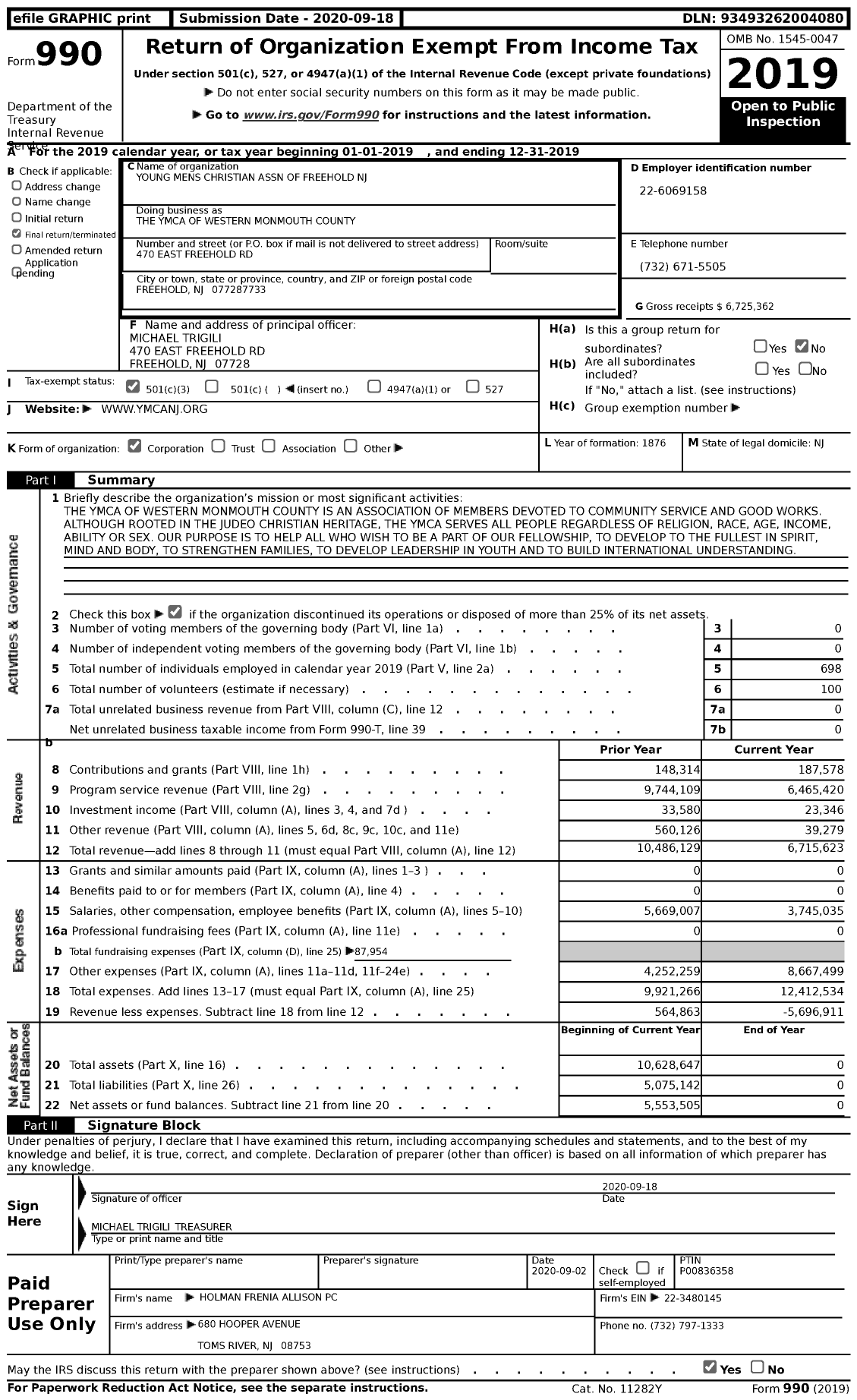 Image of first page of 2019 Form 990 for The Ymca of Western Monmouth County