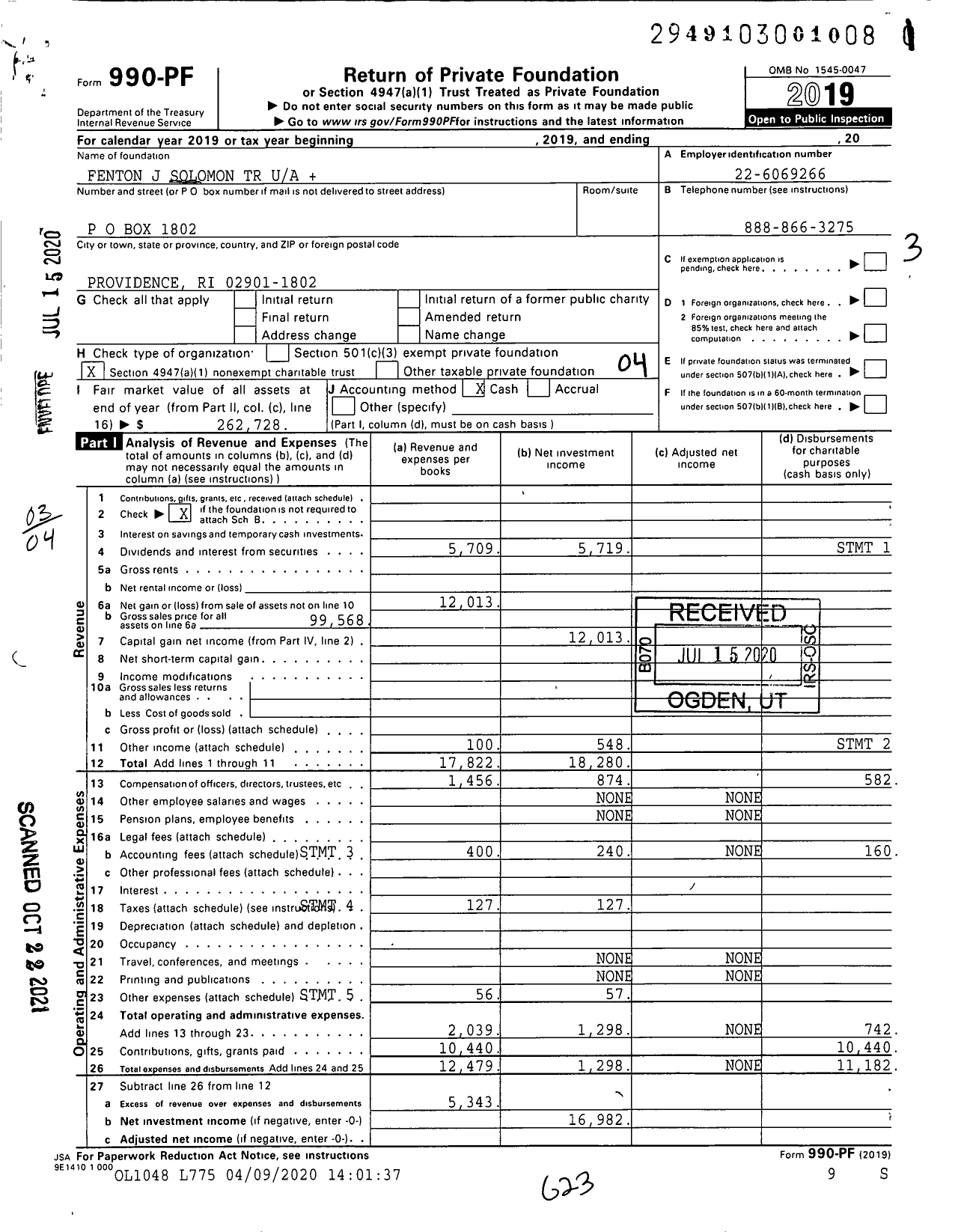 Image of first page of 2019 Form 990PF for Fenton J Solomon Trust