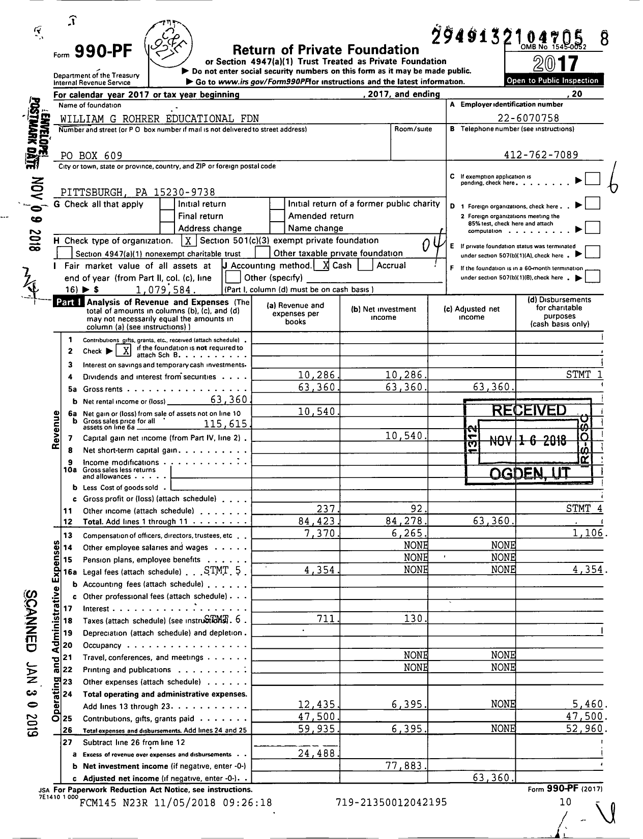 Image of first page of 2017 Form 990PF for William G Rohrer Educational Foundation