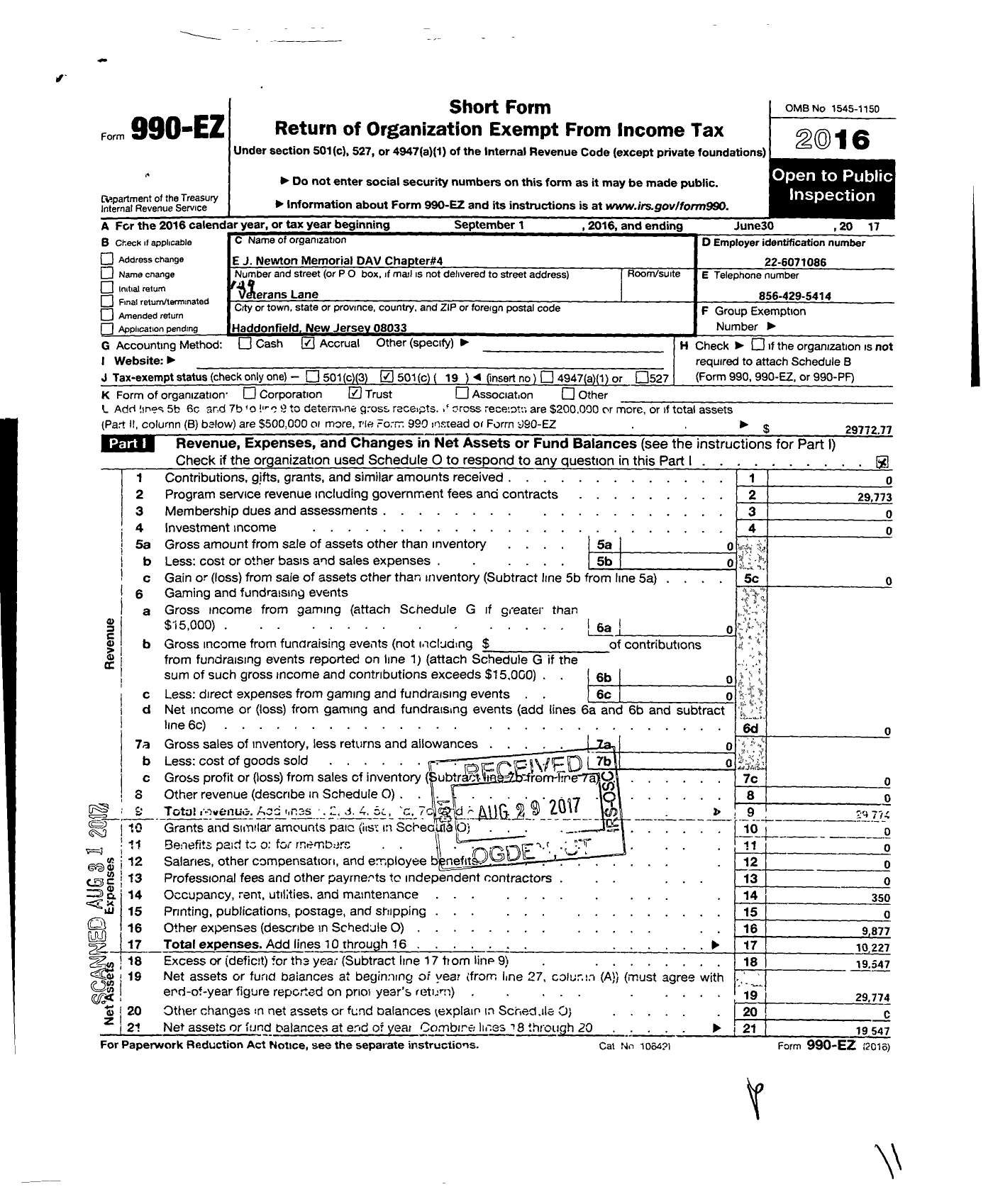 Image of first page of 2016 Form 990EO for DISABLED AMERICAN VETERANS NJ Chapter 4