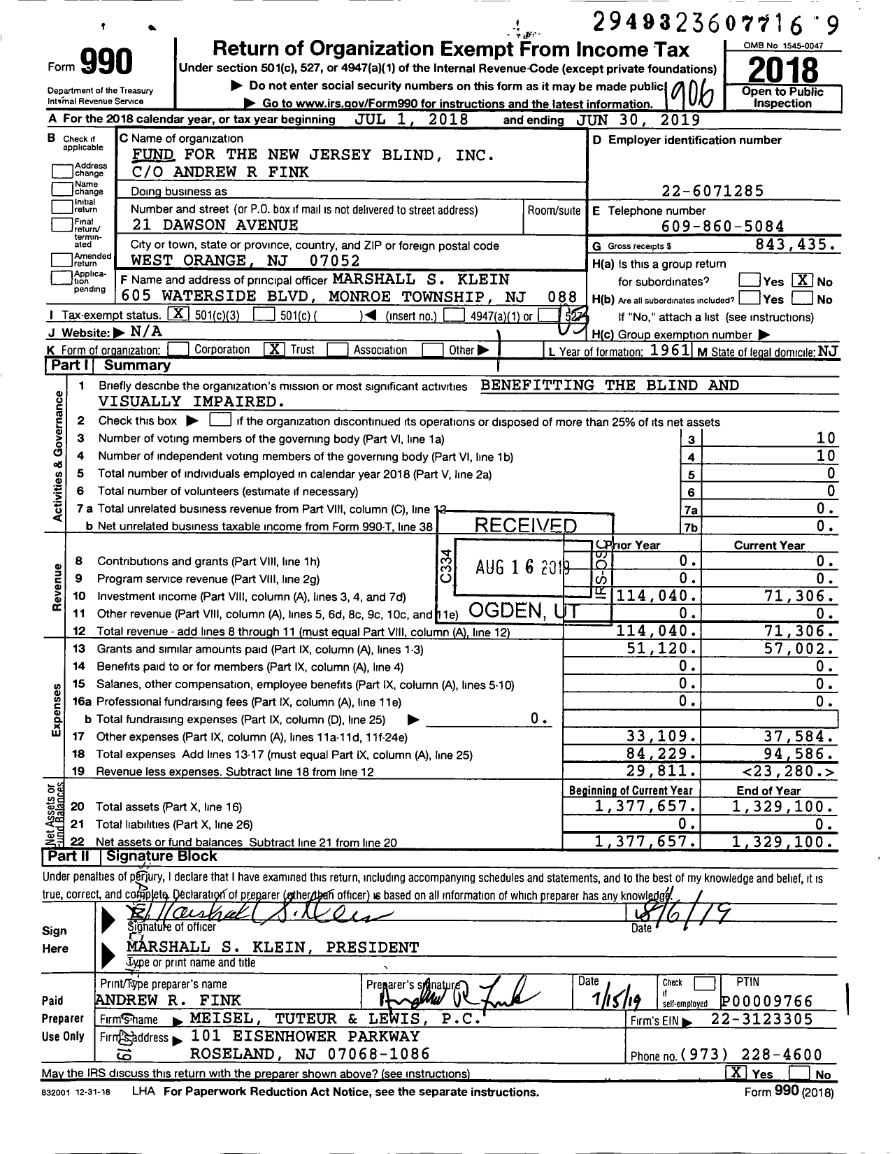 Image of first page of 2018 Form 990 for Fund for the New Jersey Blind