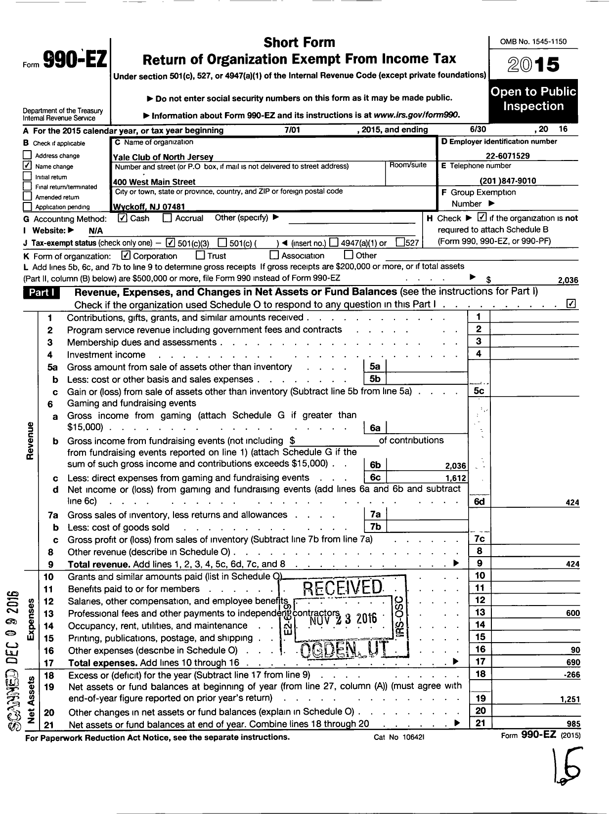 Image of first page of 2015 Form 990EZ for Yale Alumni Association of Bergen County