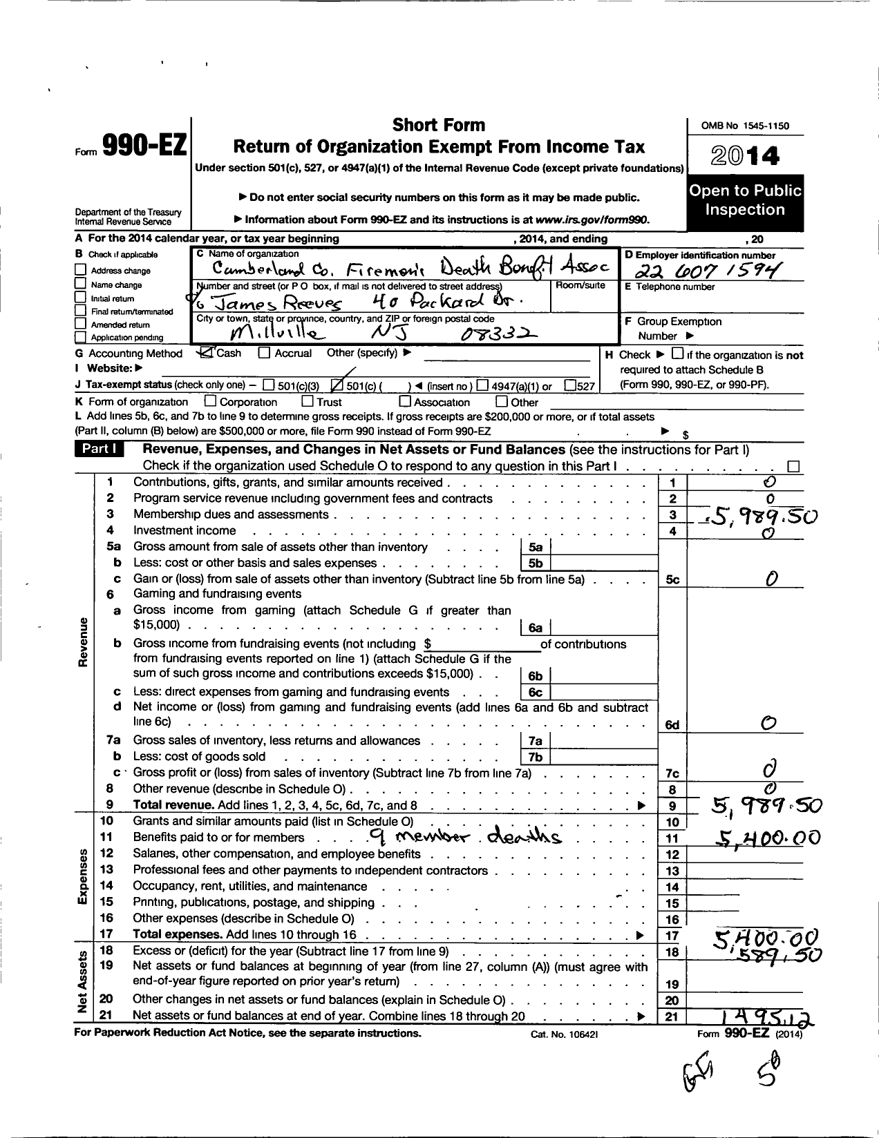 Image of first page of 2014 Form 990EO for Cumberland County Firemens Death Benefit Association