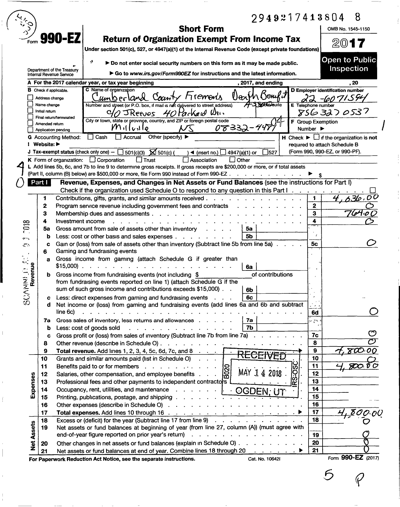 Image of first page of 2017 Form 990EO for Cumberland County Firemens Death Benefit Association