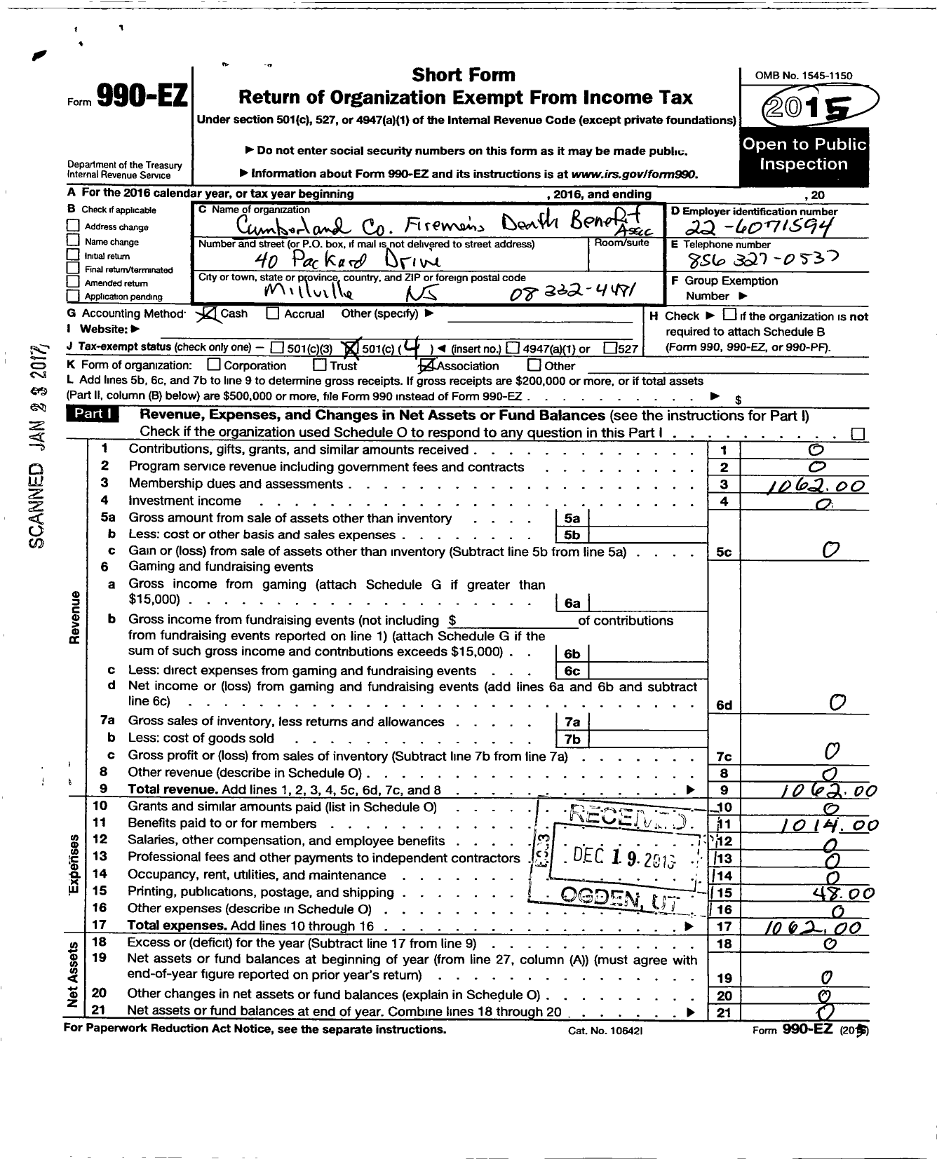 Image of first page of 2015 Form 990EO for Cumberland County Firemens Death Benefit Association