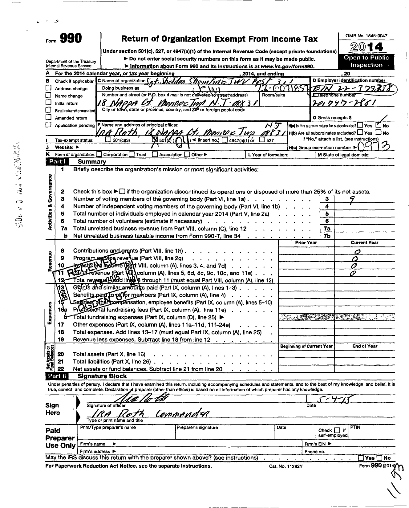 Image of first page of 2014 Form 990O for Jewish War Veterans of the United States of America - 311 SGT Sheldon Sheinfine Post