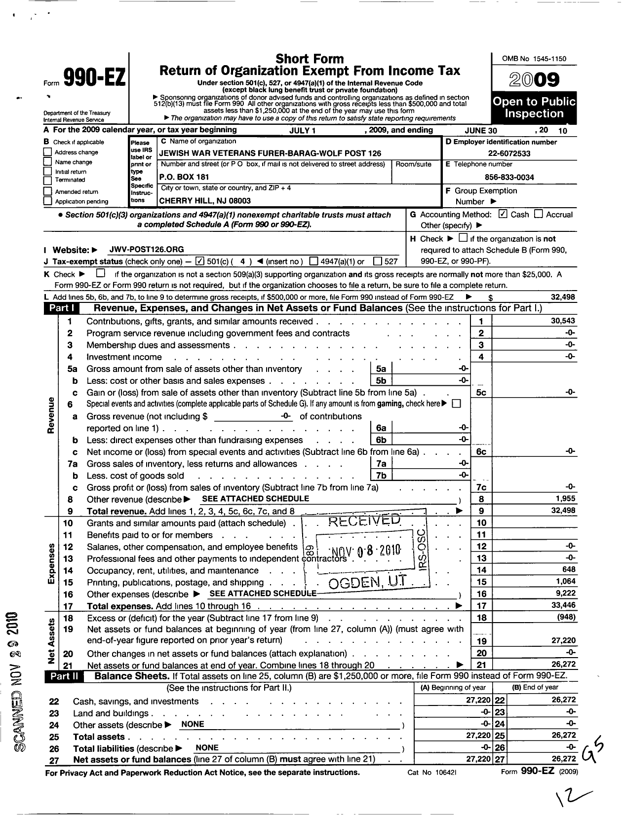 Image of first page of 2009 Form 990EO for Jewish War Veterans of the United States of America - 126 Furer Barag Wolf Post