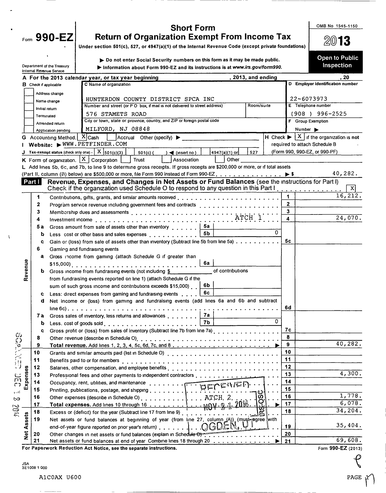 Image of first page of 2013 Form 990EZ for S P C A Hunterdon District