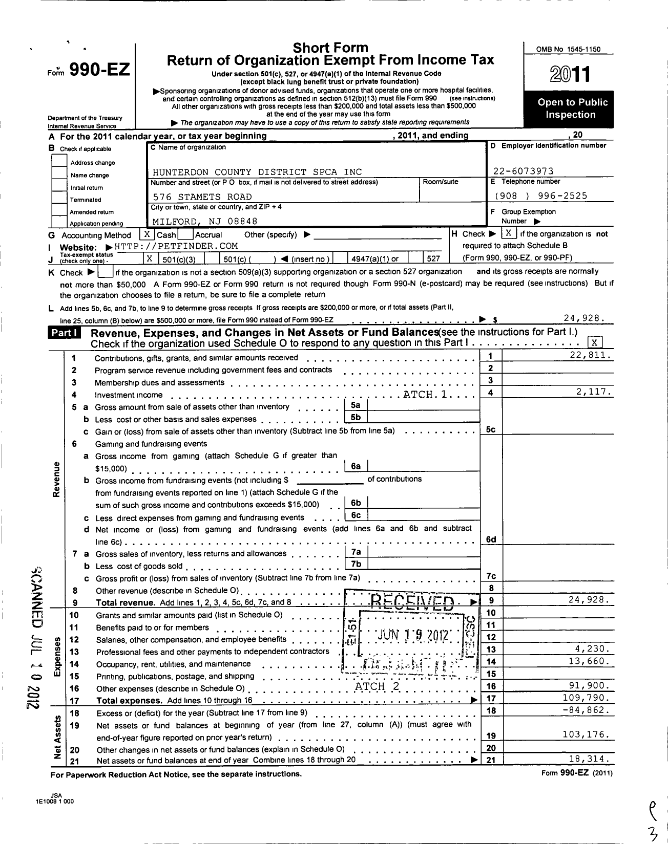 Image of first page of 2011 Form 990EZ for S P C A Hunterdon District