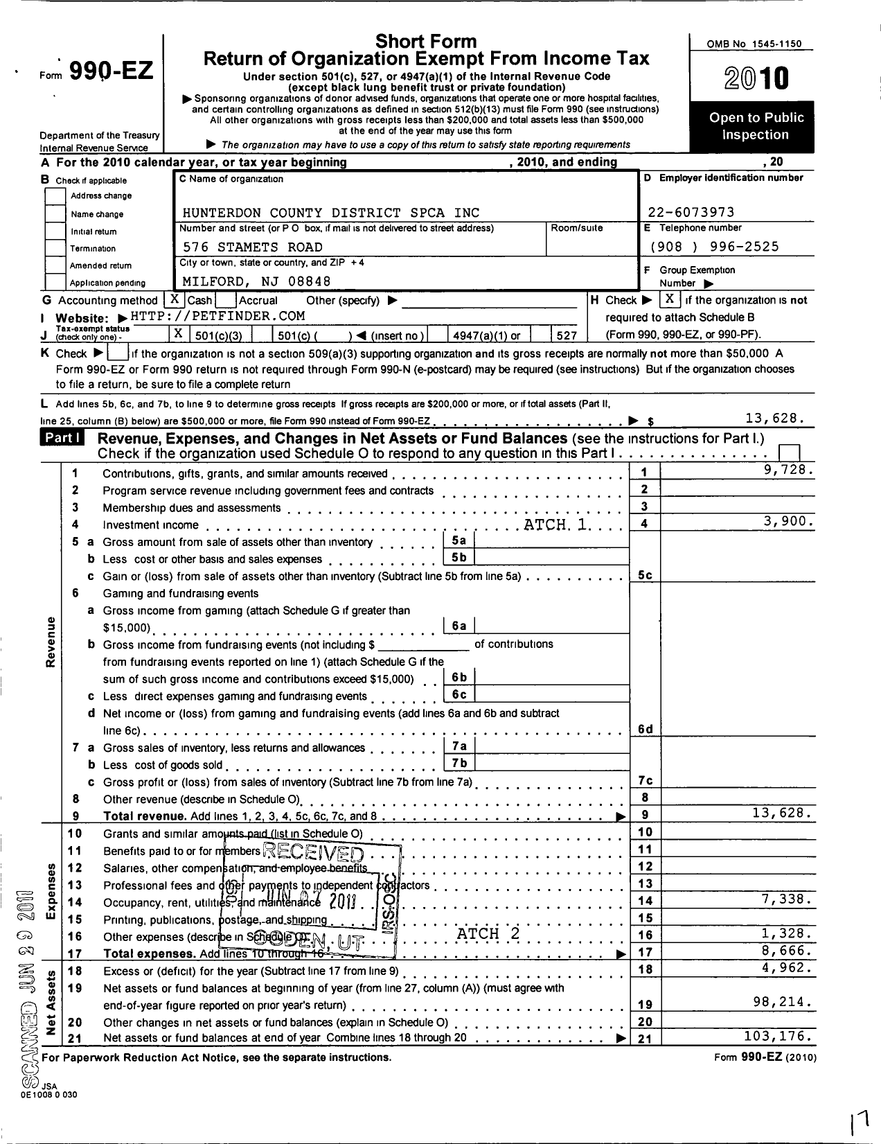 Image of first page of 2010 Form 990EZ for S P C A Hunterdon District