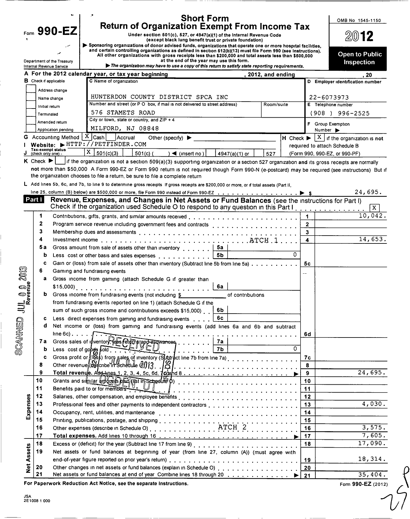 Image of first page of 2012 Form 990EZ for S P C A Hunterdon District