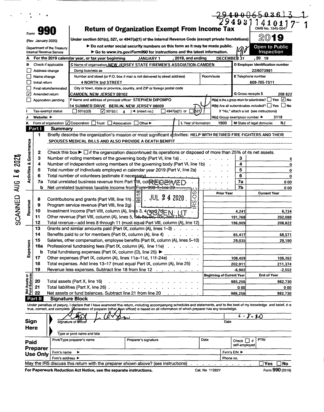 Image of first page of 2019 Form 990O for New Jersey State Firemen's Association - Camden