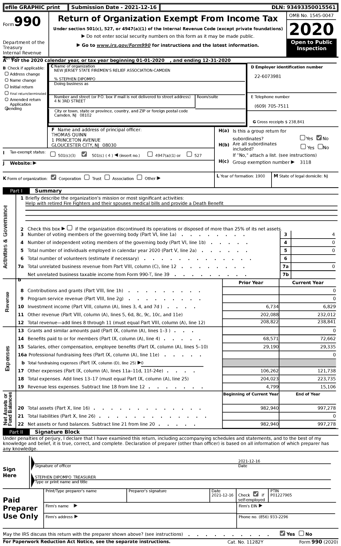 Image of first page of 2020 Form 990 for New Jersey State Firemen's Association - Camden