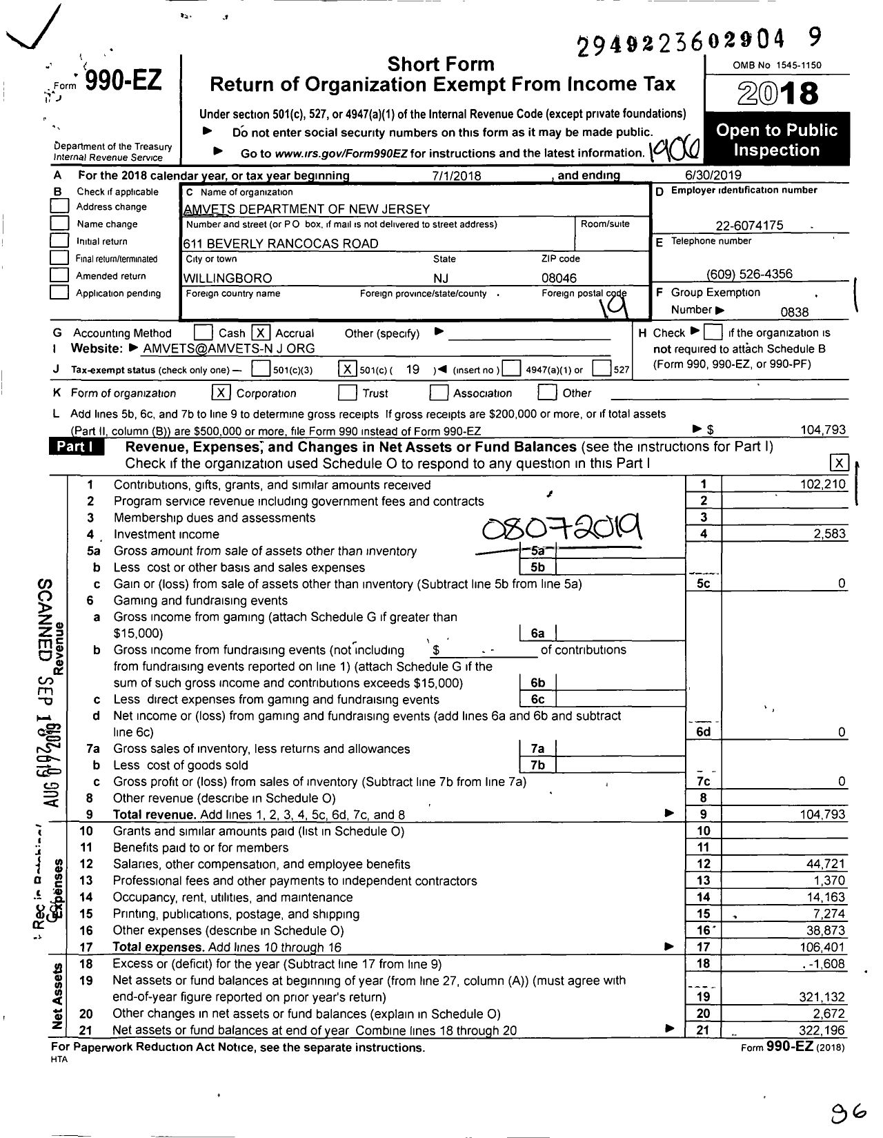 Image of first page of 2018 Form 990EO for Amvets - Dept NJ