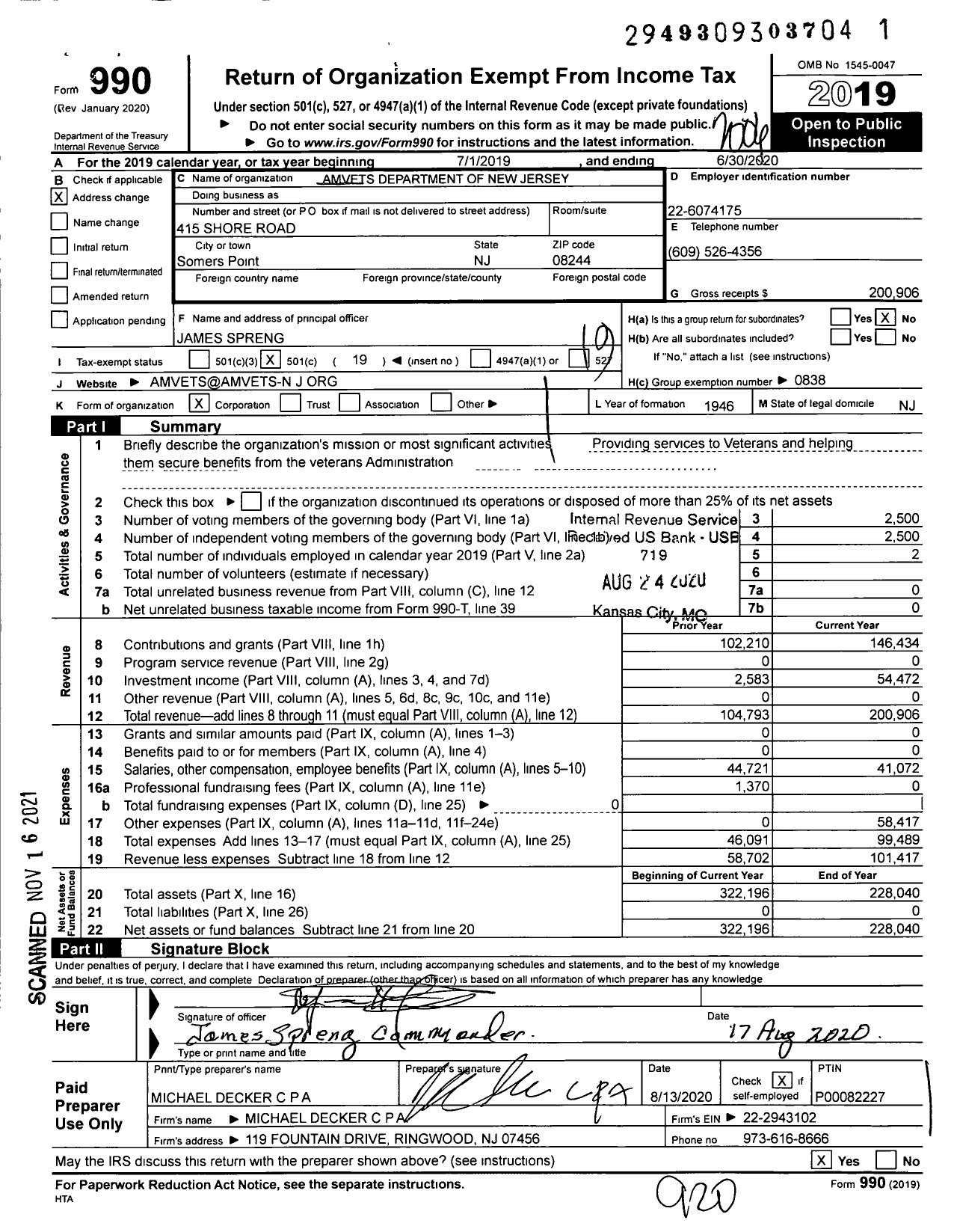 Image of first page of 2019 Form 990O for Amvets - Dept NJ