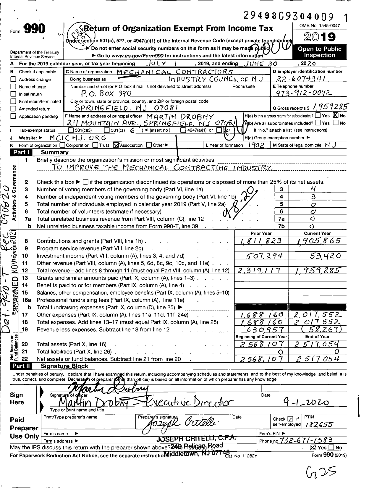 Image of first page of 2019 Form 990O for Mechanical Contractors Industry Council of New Jersey (MCICNJ)