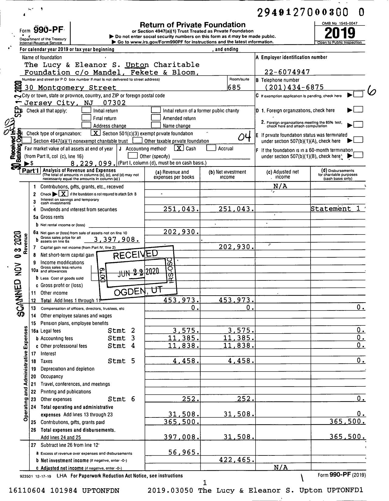 Image of first page of 2019 Form 990PF for The Lucy & Eleanor S Upton Charitable Foundation