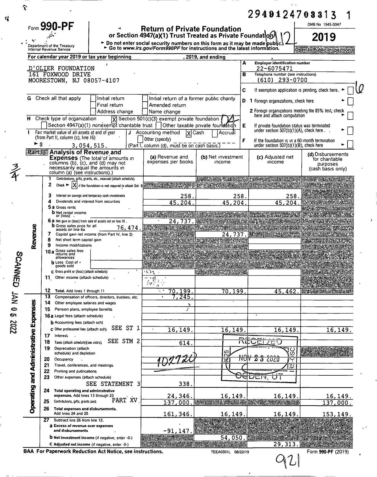 Image of first page of 2019 Form 990PF for D'olier Foundation